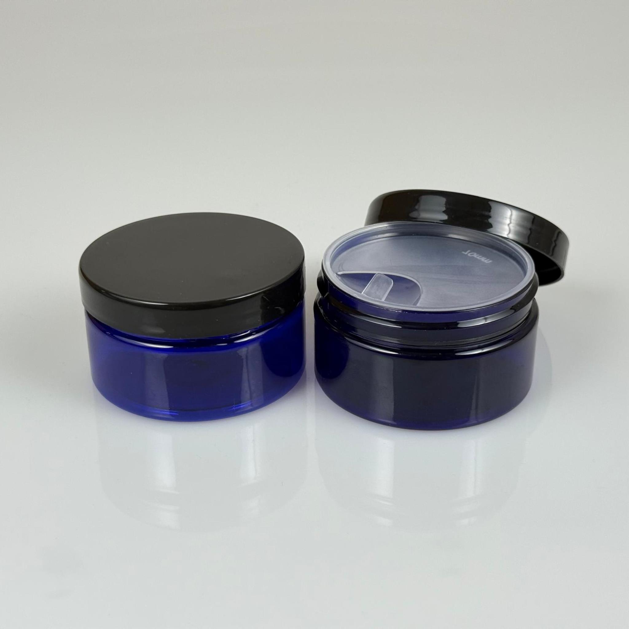 100 ML SERT PET KAVANOZ + SİYAH PLASTİK KAPAK + İÇ TIPA - 100 CC KALIN MAVİ PLASTİK KAVANOZ SİYAH PLASTİK KAPAKLI İÇ TIPALI TAKIM - KREM KAVANOZLARI