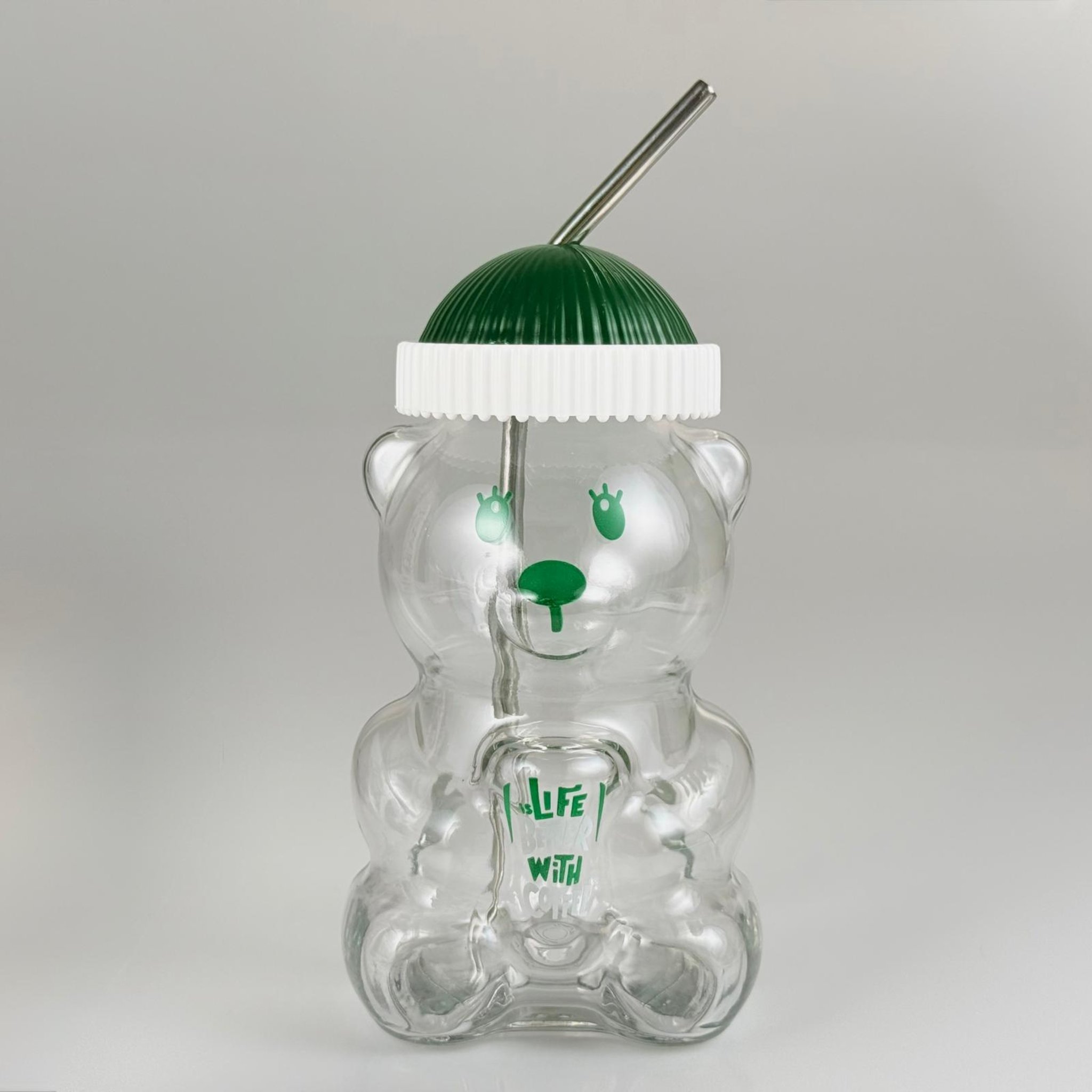 500 CC PİPETLİ CAM AYICIK BARDAK - YEŞİL KAPAKLI + FIRÇALI PASLANMAZ ÇELİK GÜMÜŞ PİPETLİ TAKIM - 500 ML AYICIK FİGÜRLÜ PİPETLİ CAM SU , SOĞUK KAHVE ,  MEYVE SUYU ,  MEŞRUBAT BARDAĞI VB - HEDİYELİK BARDAK