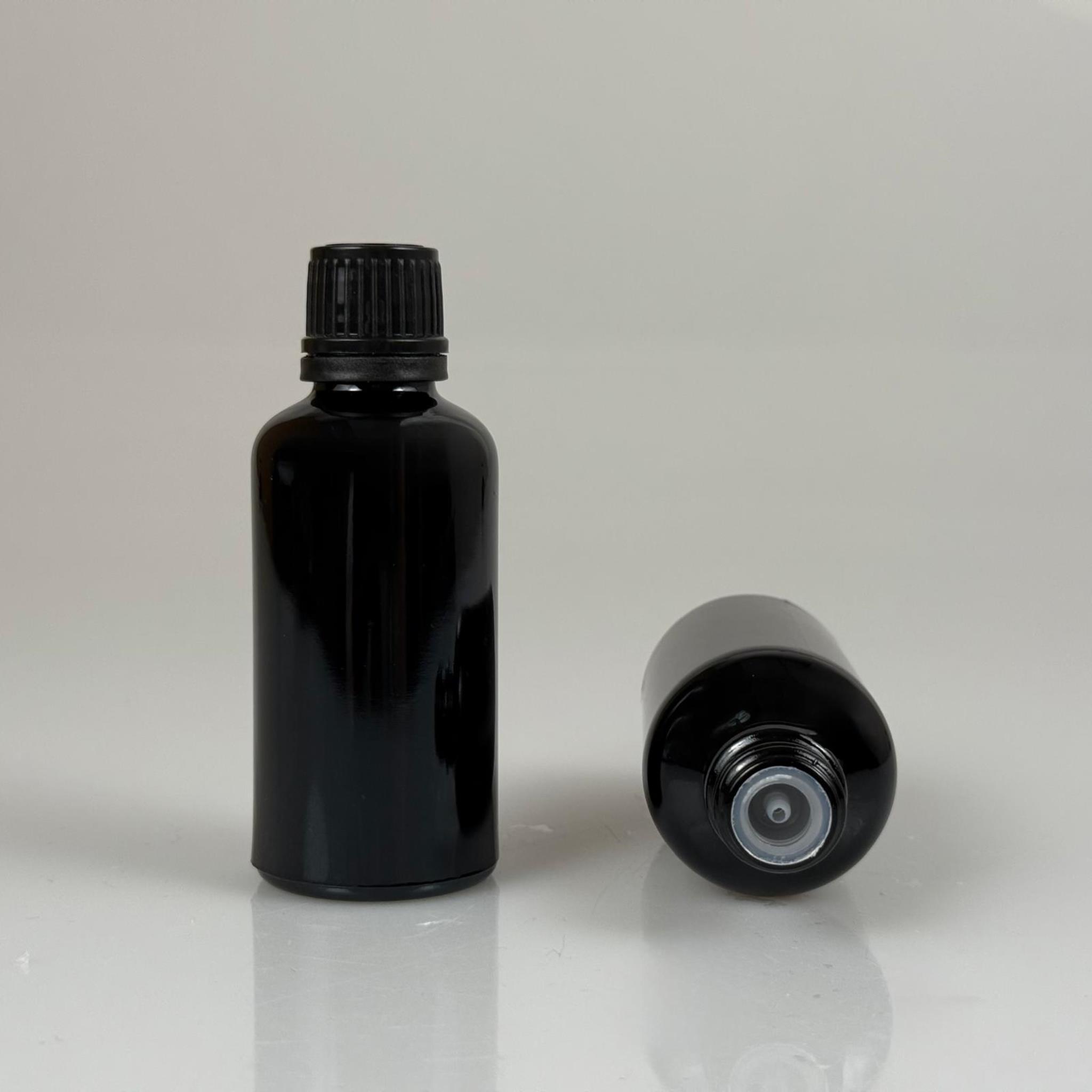 50 CC SİYAH İÇTEN DAMLALIKLI (OPSİYONEL DAMLALIK) - SİYAH KİLİTLİ KAPAKLI CAM ŞİŞE - 50 ML KOLONYA TIPALI CAM ŞİŞE