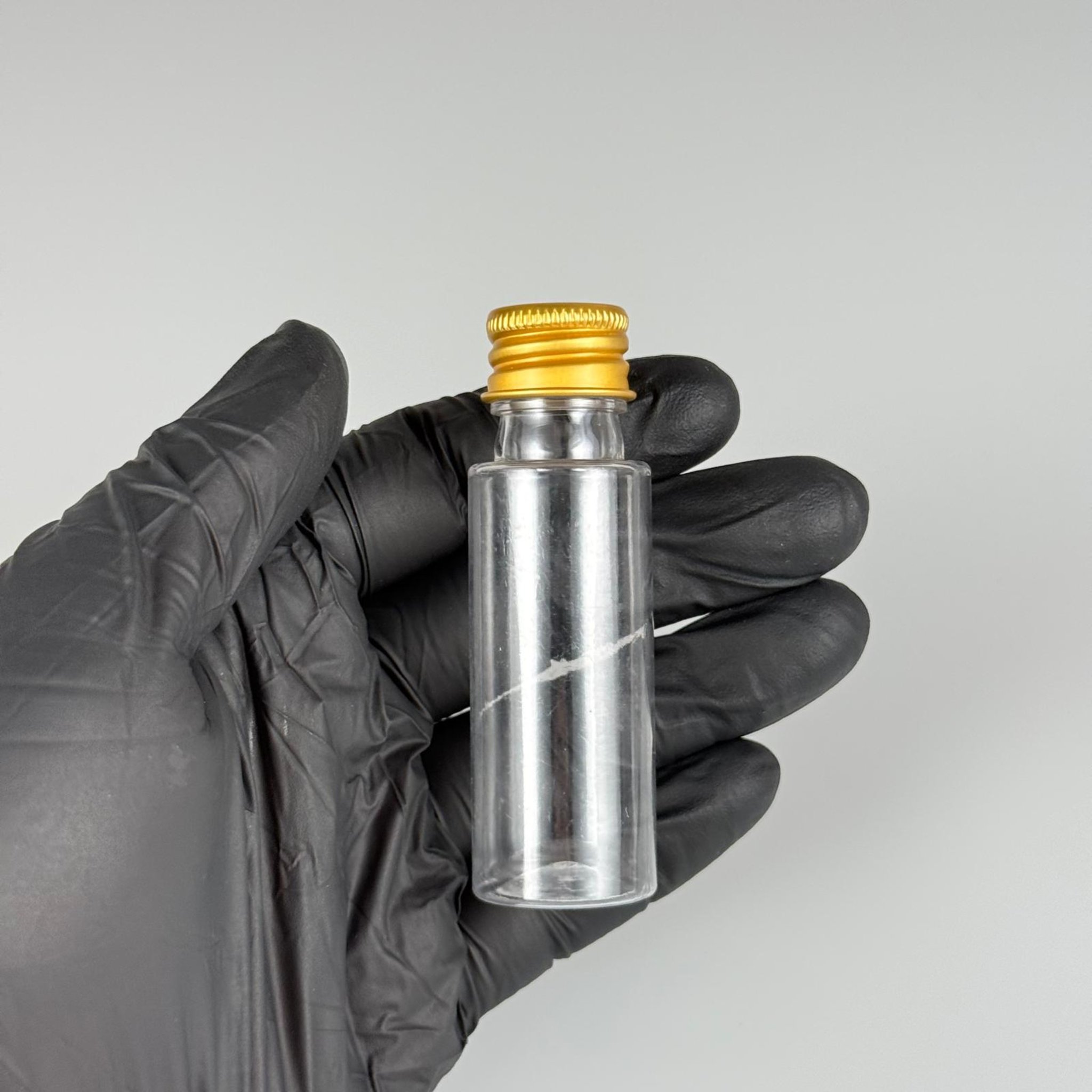 20 CC ŞEFFAF PET ŞİŞE + KÖPÜK CONTALI GOLD ALÜMİNYUM METAL KAPAKLI + KÖR TIPALI TAKIM - 20 ML PLASTİK ŞİŞE