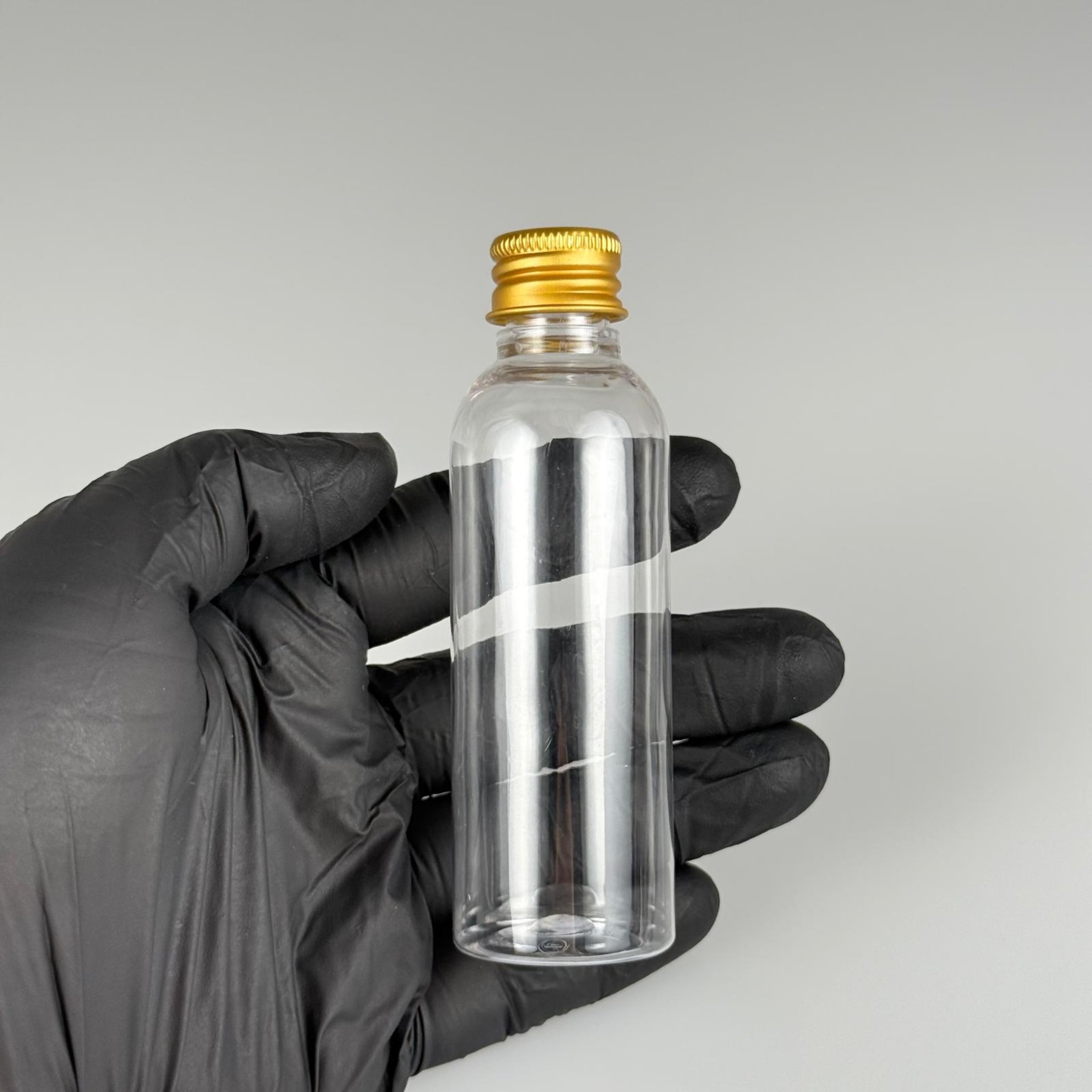 50 CC ŞEFFAF SİLİNDİR UZUN MODEL PET ŞİŞE + KÖPÜK CONTALI GOLD ALÜMİNYUM METAL KAPAKLI + KÖR TIPALI TAKIM - 50 ML PLASTİK ŞİŞE