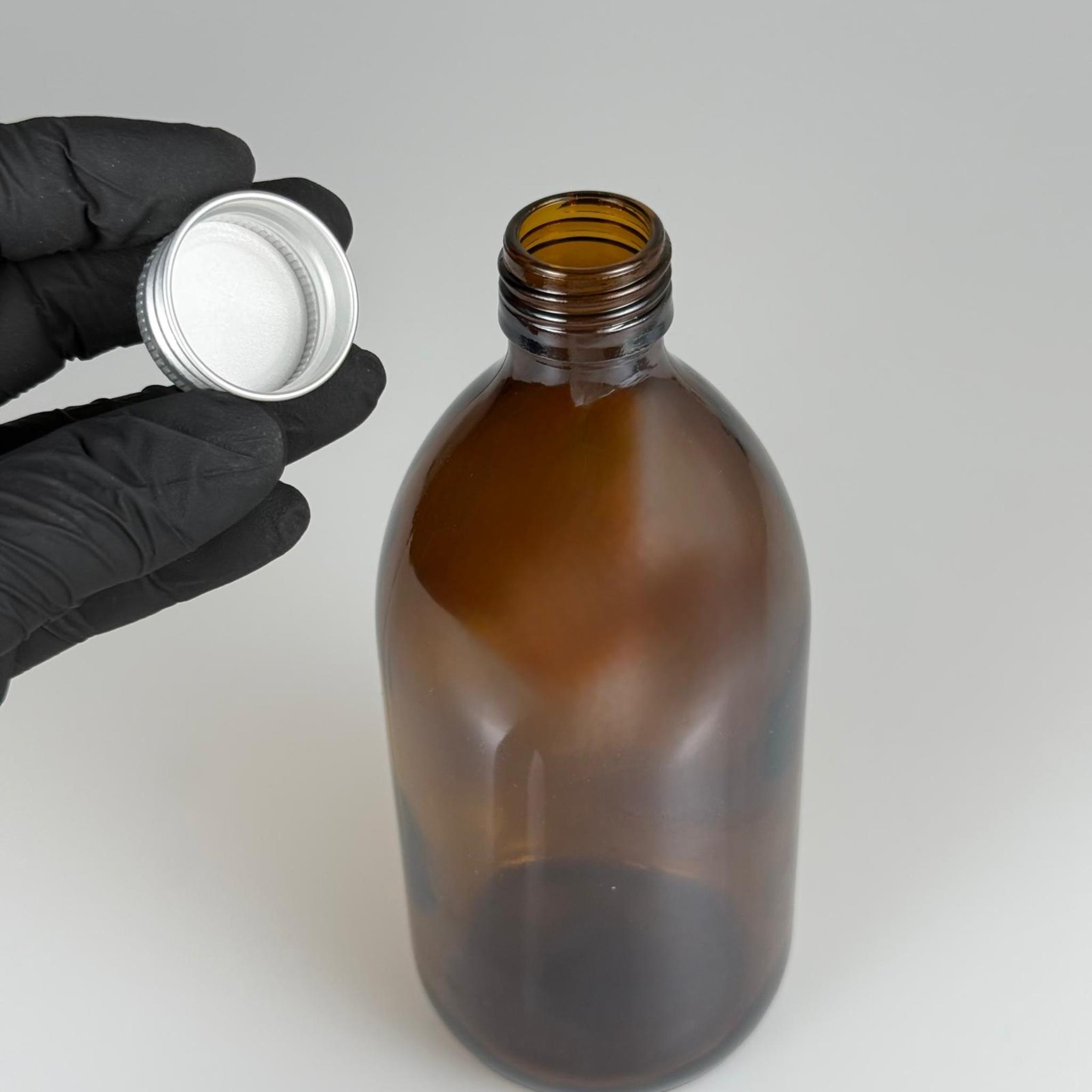 500 CC AMBER TOMBUL ÖZEL SERİ CAM ŞİŞE - METAL ALÜMİNYUM GÜMÜŞ KÖPÜK CONTALI KAPAKLI - 500 ML CAM ECZA ŞİŞESİ - KAHVERENGİ