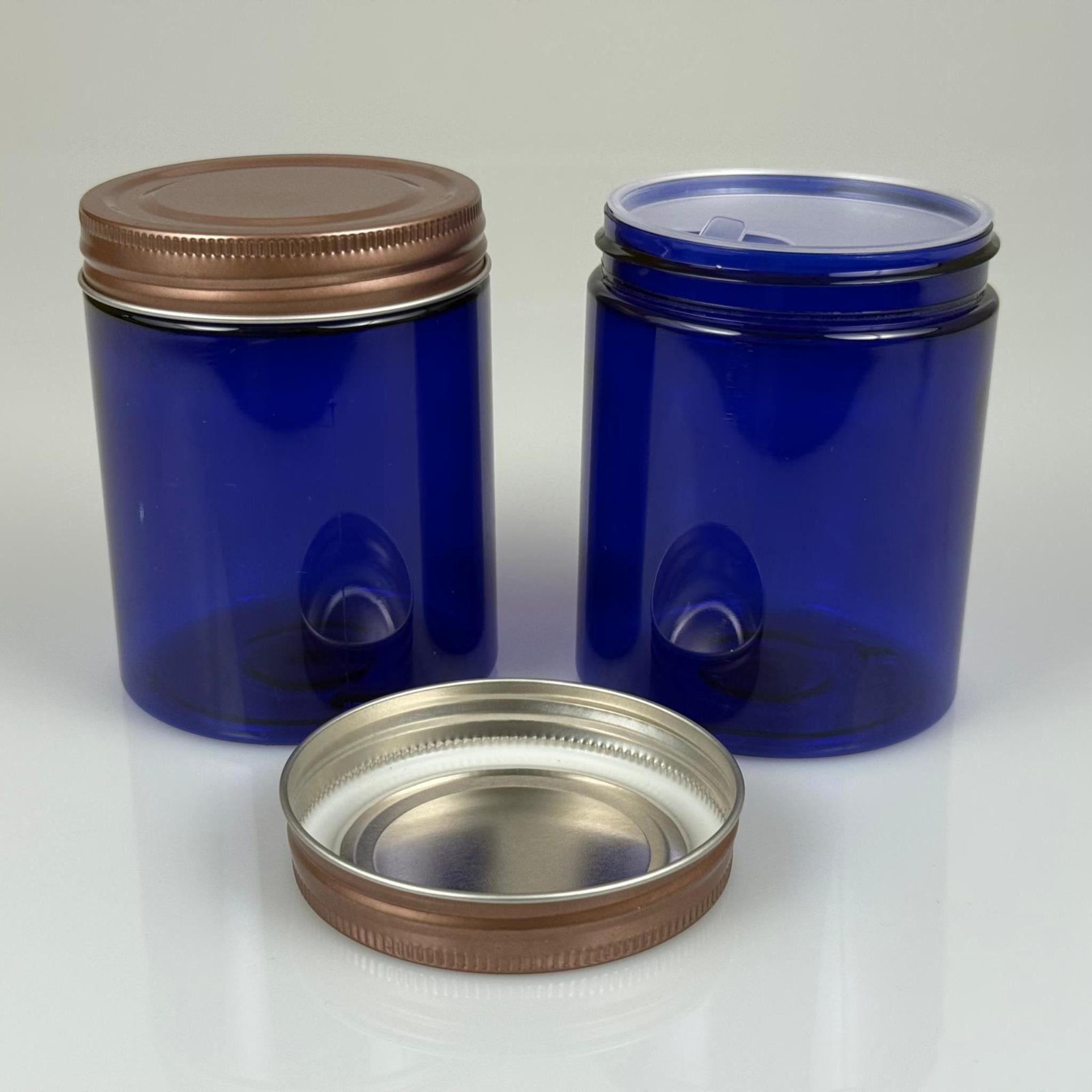 300 ML SERT PET KAVANOZ + BRONZ METAL KAPAK + İÇ TIPA - 300 CC KALIN MAVİ PLASTİK KAVANOZ BRONZ METAL KAPAKLI İÇ TIPALI TAKIM - KREM KAVANOZLARI