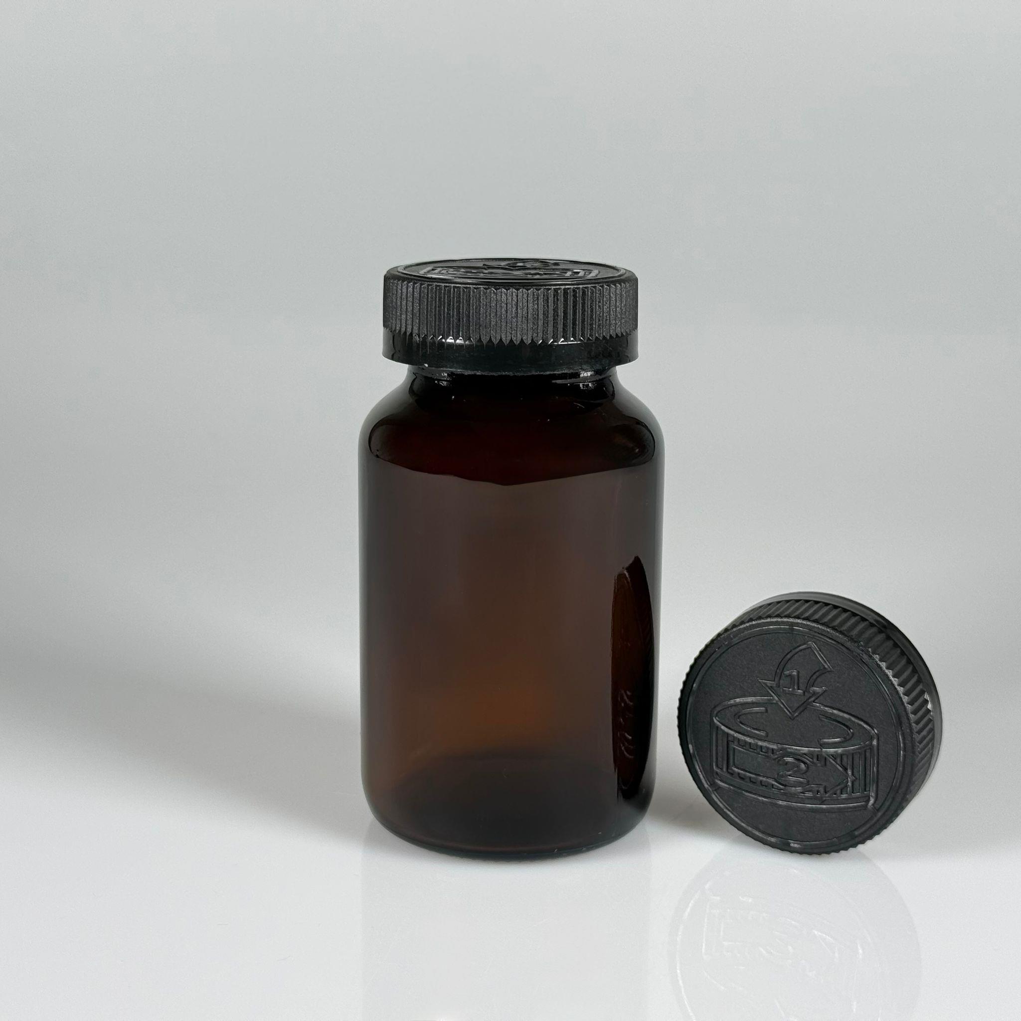 200 CC CAM KAHVERENGİ AMBER TABLET KAPSÜL ŞİŞESİ + 45 MM VİDALI ÇOCUK EMNİYET KİLİTLİ SİYAH PLASTİK KAPAK