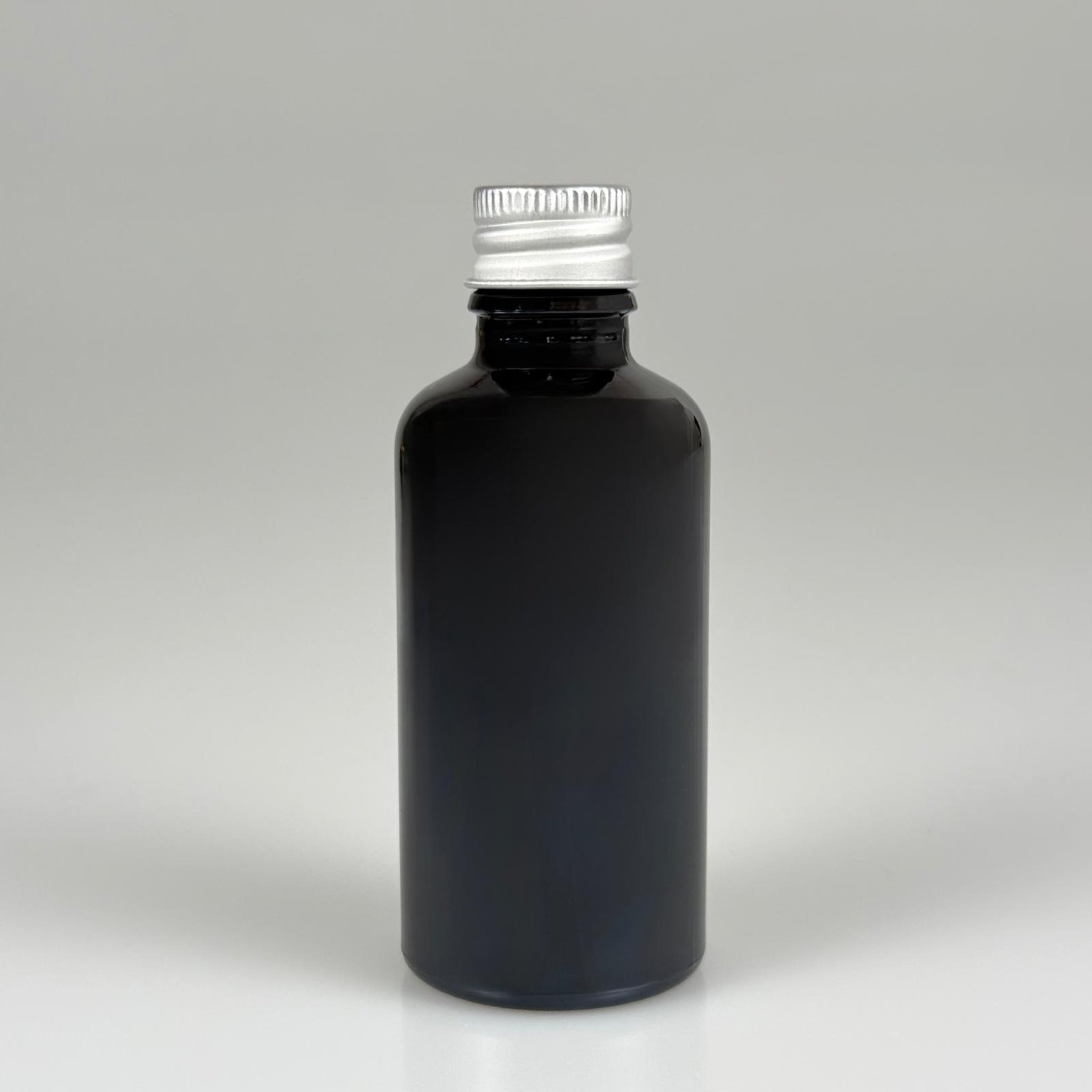 50 CC SİYAH CAM ŞİŞE + KÖPÜK CONTALI GÜMÜŞ ALÜMİNYUM METAL KAPAKLI TAKIM - 50 ML SİYAH CAM ŞİŞE