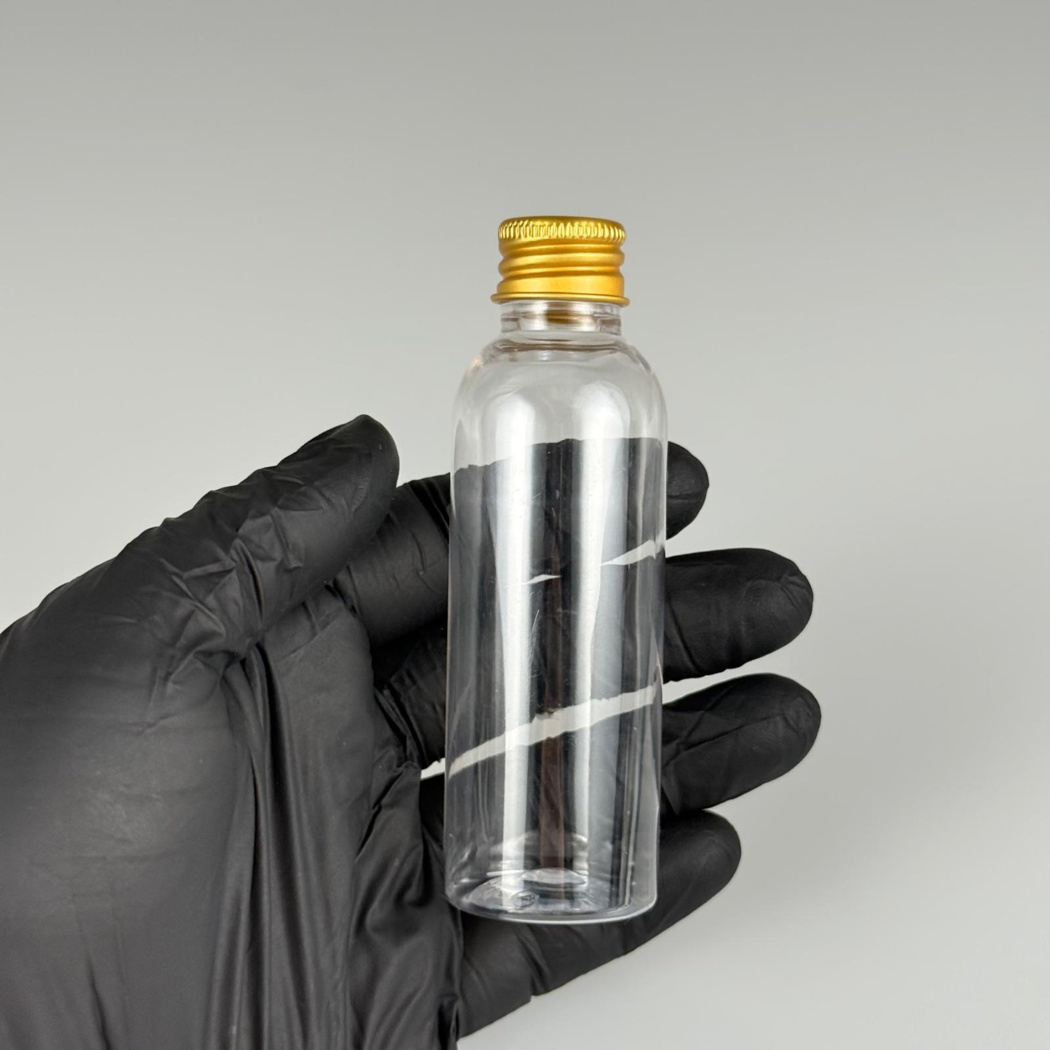 50 CC ŞEFFAF SİLİNDİR UZUN MODEL PET ŞİŞE + KÖPÜK CONTALI GOLD ALÜMİNYUM METAL KAPAKLI TAKIM - 50 ML PLASTİK ŞİŞE