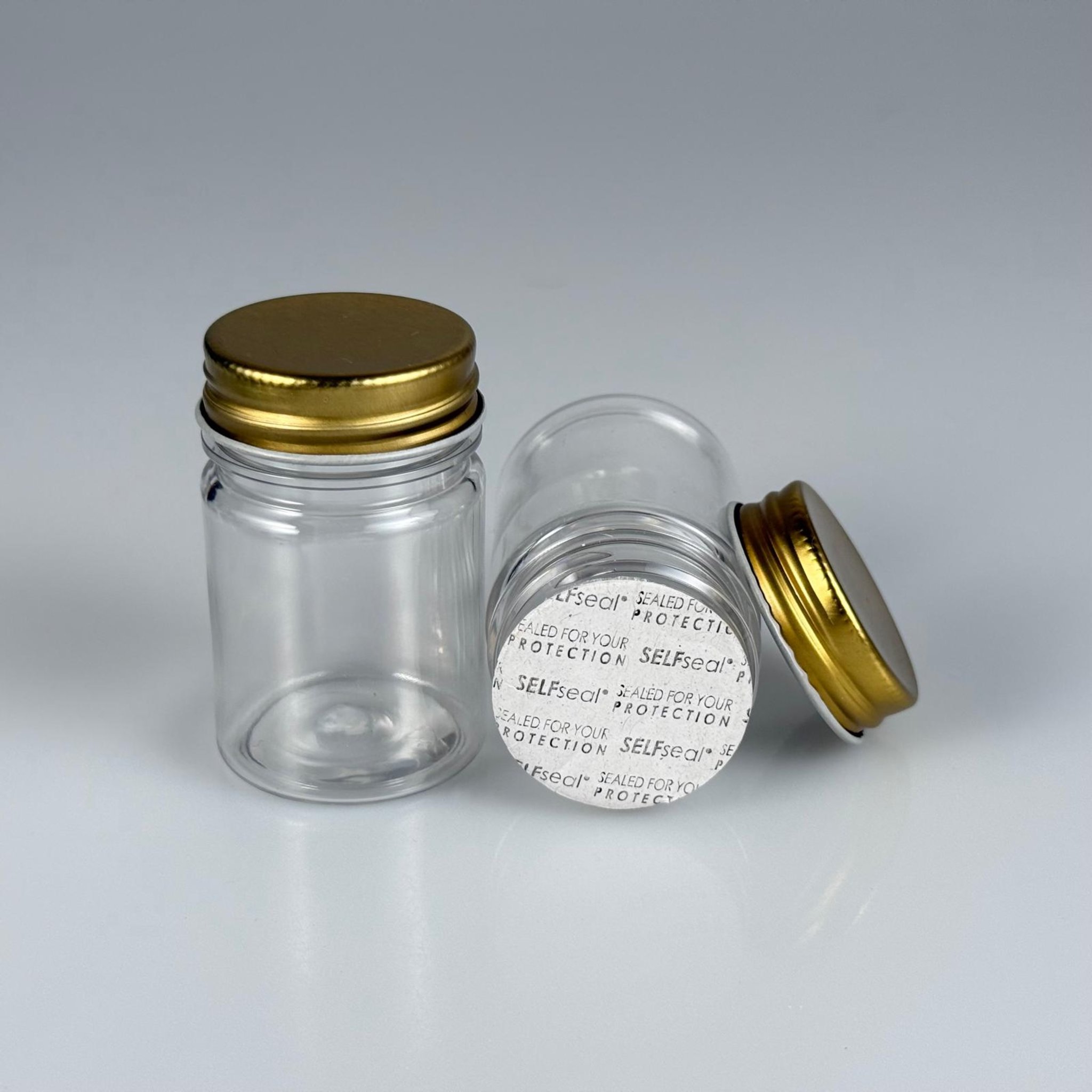 50 CC PET ŞİŞE GENİŞ AĞIZLI  - GOLD METAL KAPAKLI + KÖPÜK CONTALI TAKIM - 50 ML PLASTİK NUMUNE KAVANOZU, MİNİ TABLET KAVANOZU