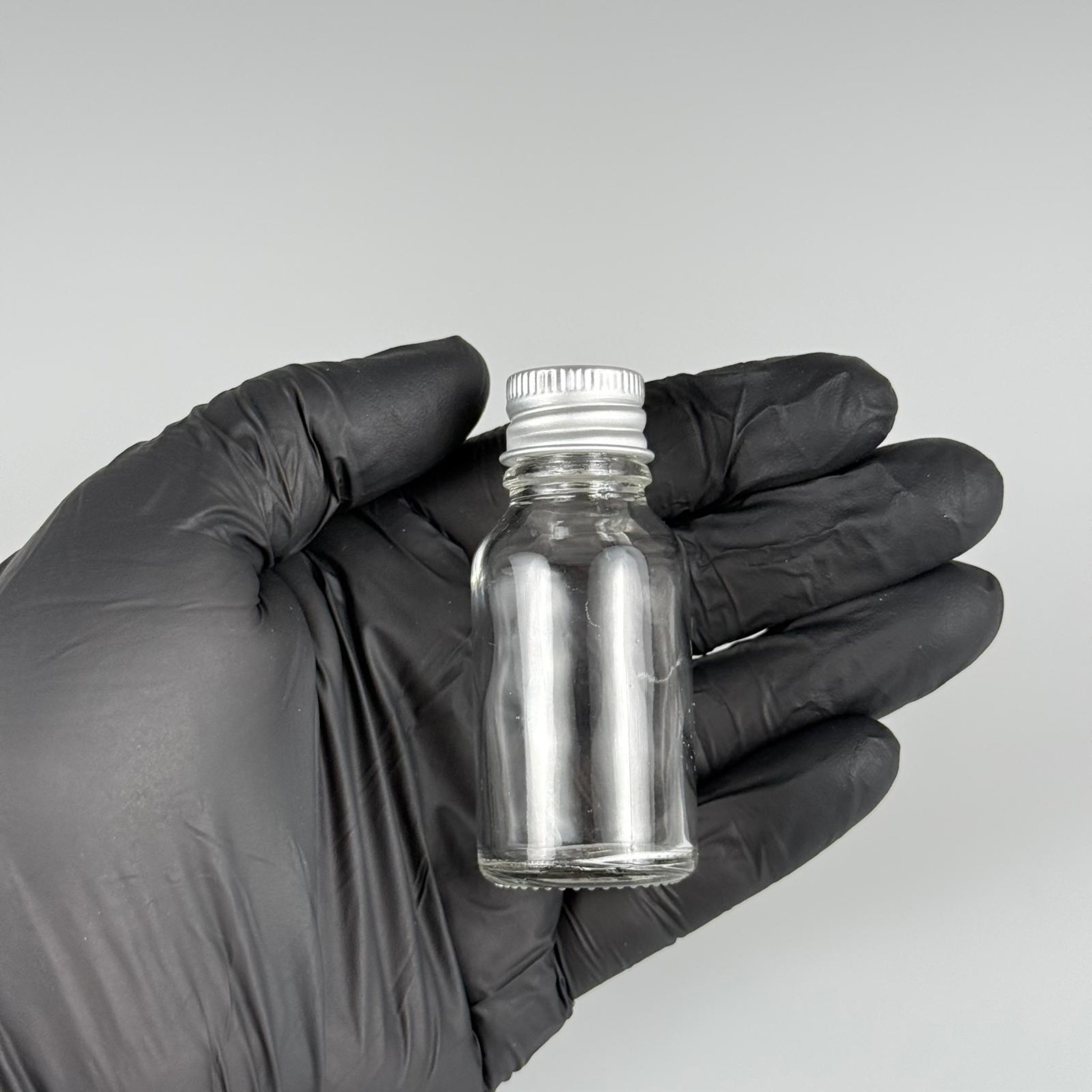 15 CC ŞEFFAF CAM ŞİŞE + KÖPÜK CONTALI GÜMÜŞ ALÜMİNYUM METAL KAPAKLI TAKIM - 15 ML ŞEFFAF CAM ŞİŞE