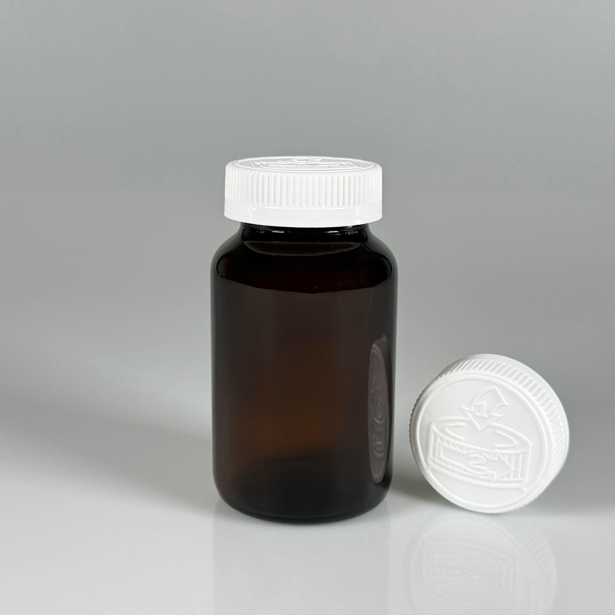 200 CC CAM KAHVERENGİ AMBER TABLET KAPSÜL ŞİŞESİ + 45 MM VİDALI ÇOCUK EMNİYET KİLİTLİ BEYAZ PLASTİK KAPAK