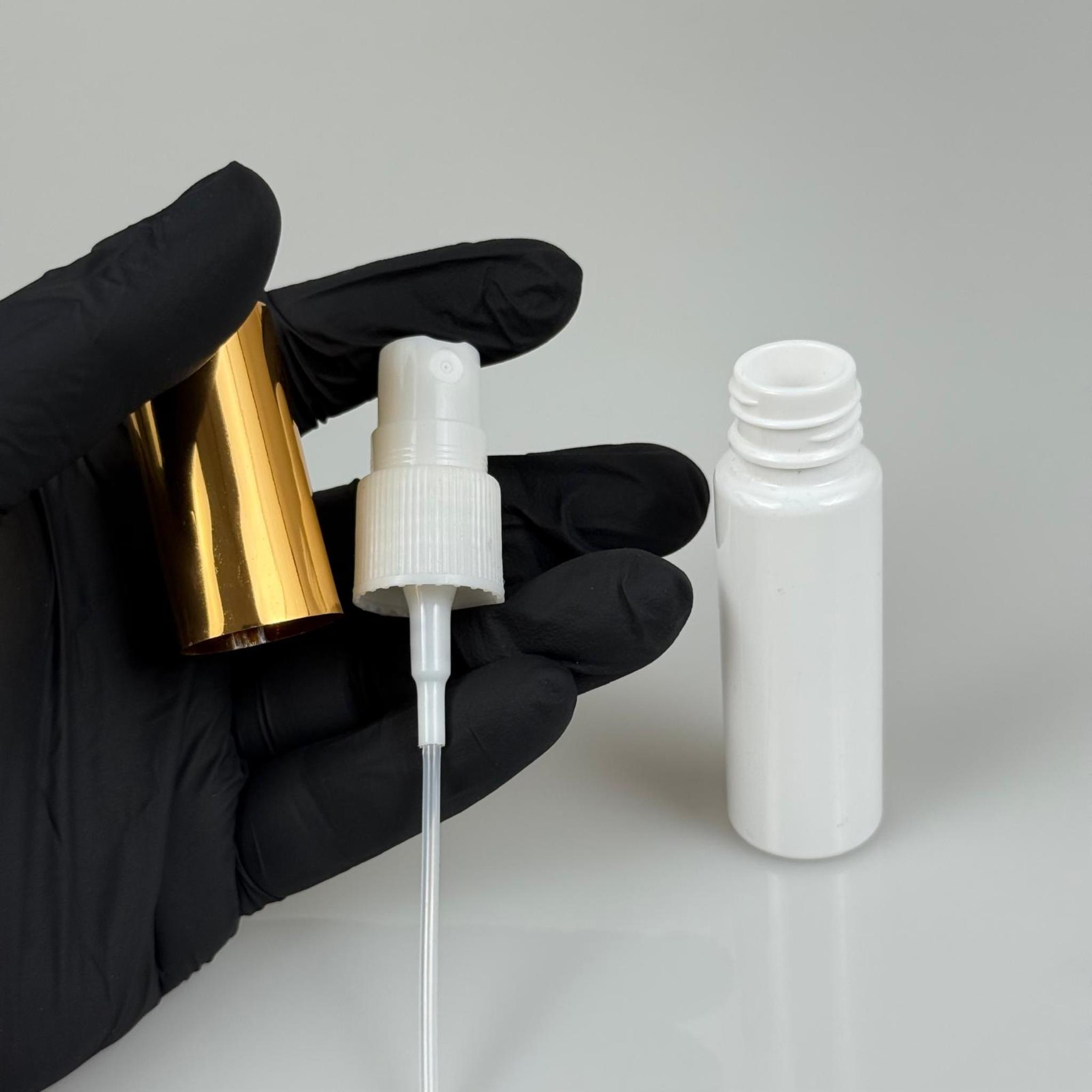 20 ML PET KOLONYA, PARFÜM VB ŞİŞELERİ - METAL ALÜMİNYUM GOLD KAPAK + VİDALI SPREY + 20 CC BEYAZ SHOT ŞİŞE SET TAKIM
