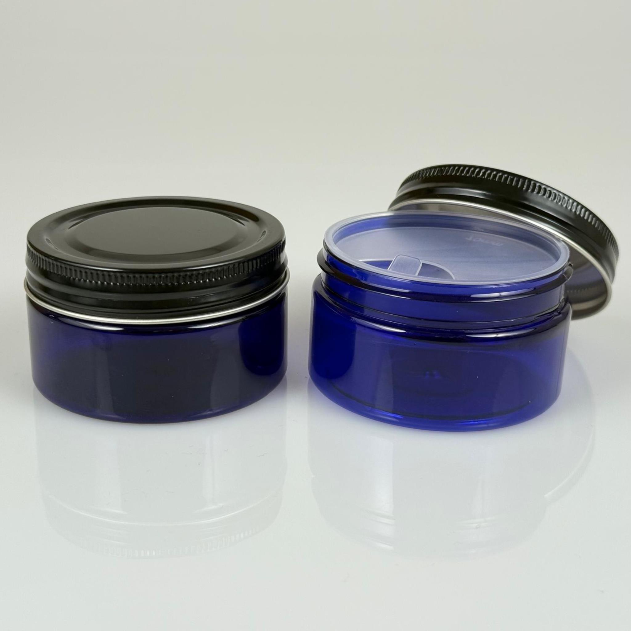 100 ML SERT PET KAVANOZ + SİYAH METAL KAPAK + İÇ TIPA - 100 CC KALIN MAVİ PLASTİK KAVANOZ SİYAH METAL KAPAKLI İÇ TIPALI TAKIM - KREM KAVANOZLARI