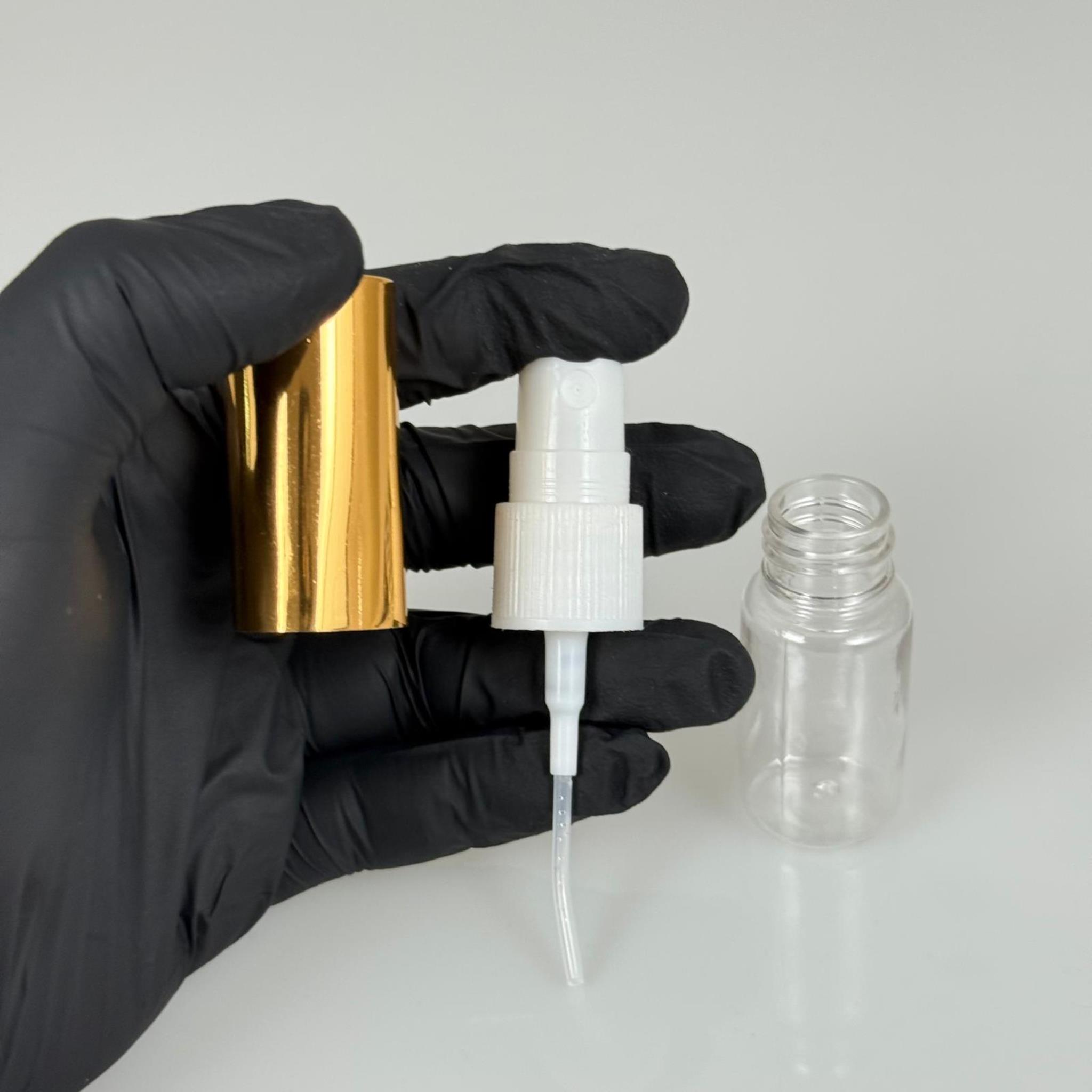 10 ML PET KOLONYA, PARFÜM VB ŞİŞELERİ - METAL ALÜMİNYUM GOLD KAPAK + VİDALI SPREY + 10 CC SHOT ŞİŞE SET TAKIM