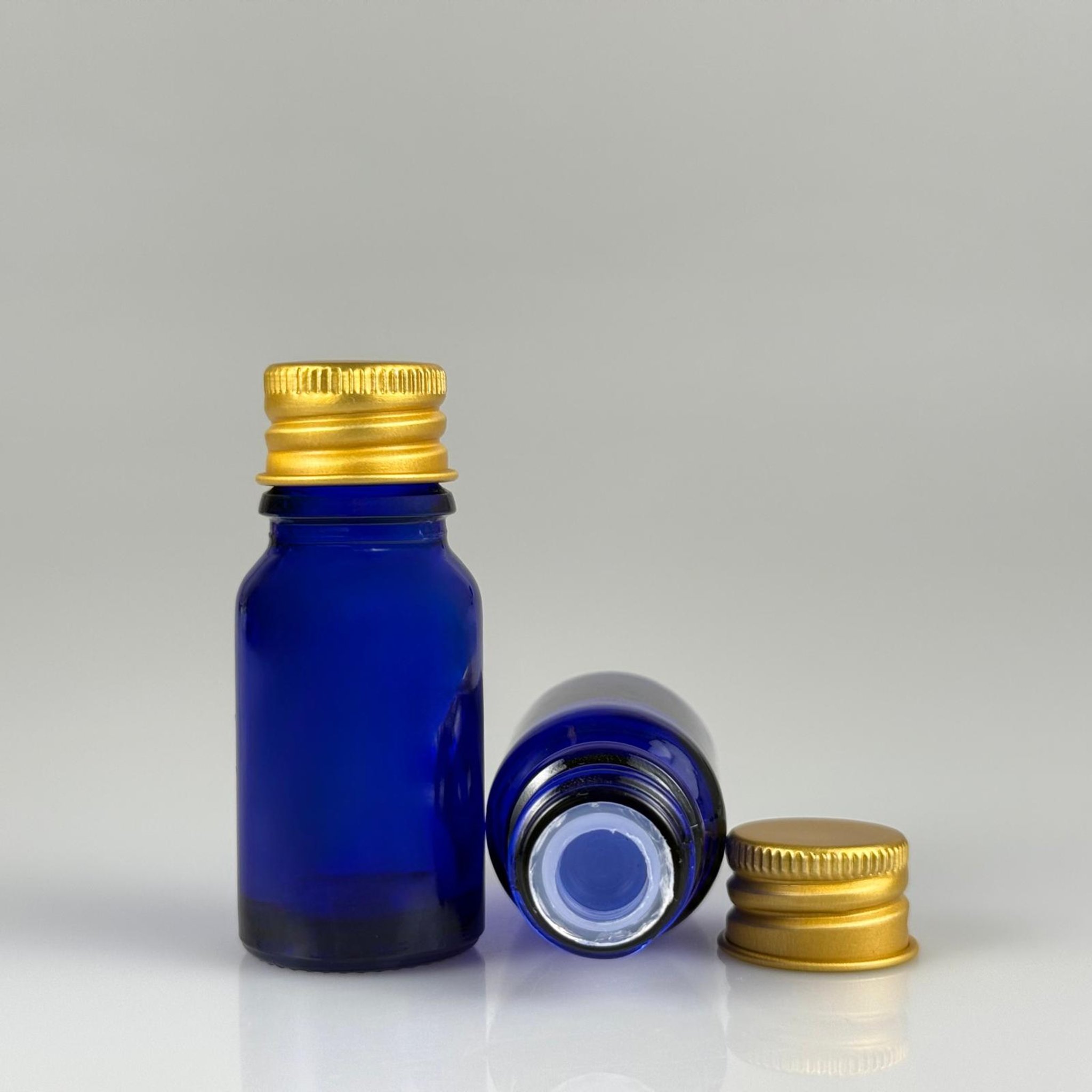 10 CC MAVİ CAM ŞİŞE + KÖPÜK CONTALI GOLD ALÜMİNYUM METAL KAPAKLI + KÖR TIPALI TAKIM - 10 ML MAVİ CAM ŞİŞE