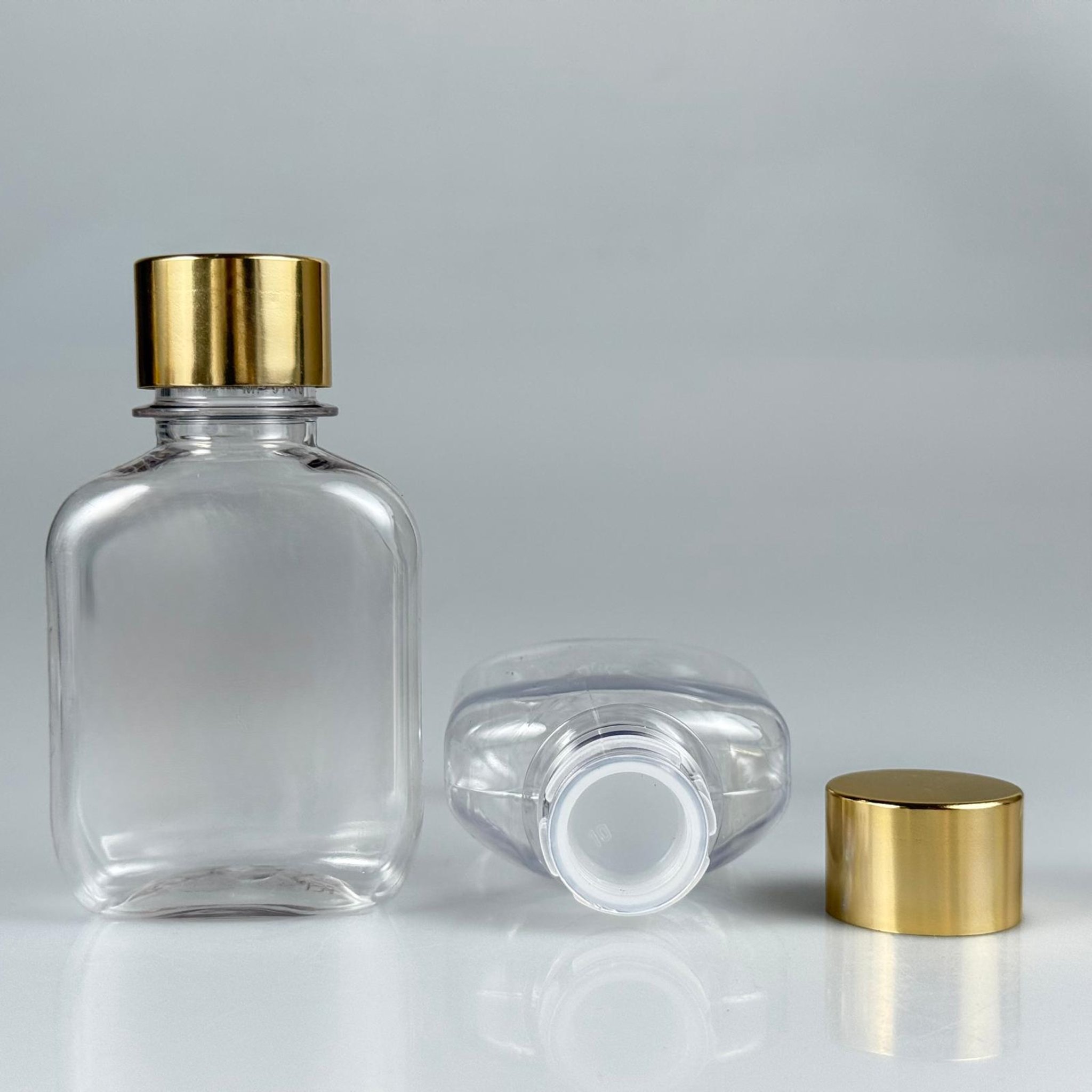 100 CC YASSI PET ŞİŞE + ALÜMİNYUM KAPLAMALI GOLD KAPAKLI + KÖR TIPALI TAKIM - 100 ML PET ŞİŞE