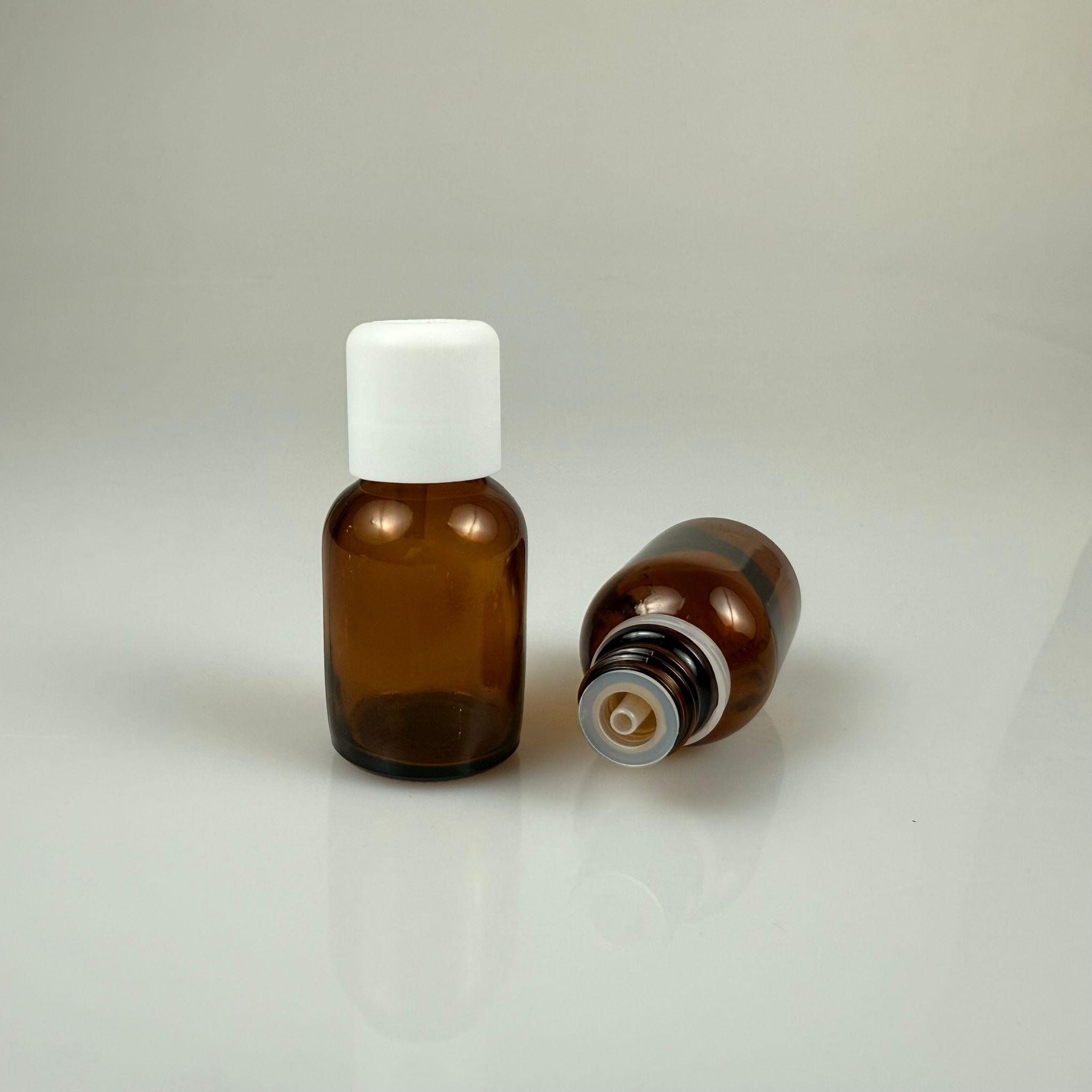 25 CC AMBER CAM ŞİŞE + İÇTEN DAMLALIKLI ÇOCUK KİLİTLİ BEYAZ KAPAK - KAHVERENGİ 25 ML KİLİT KAPAKLI DAMLATMALI ŞİŞE