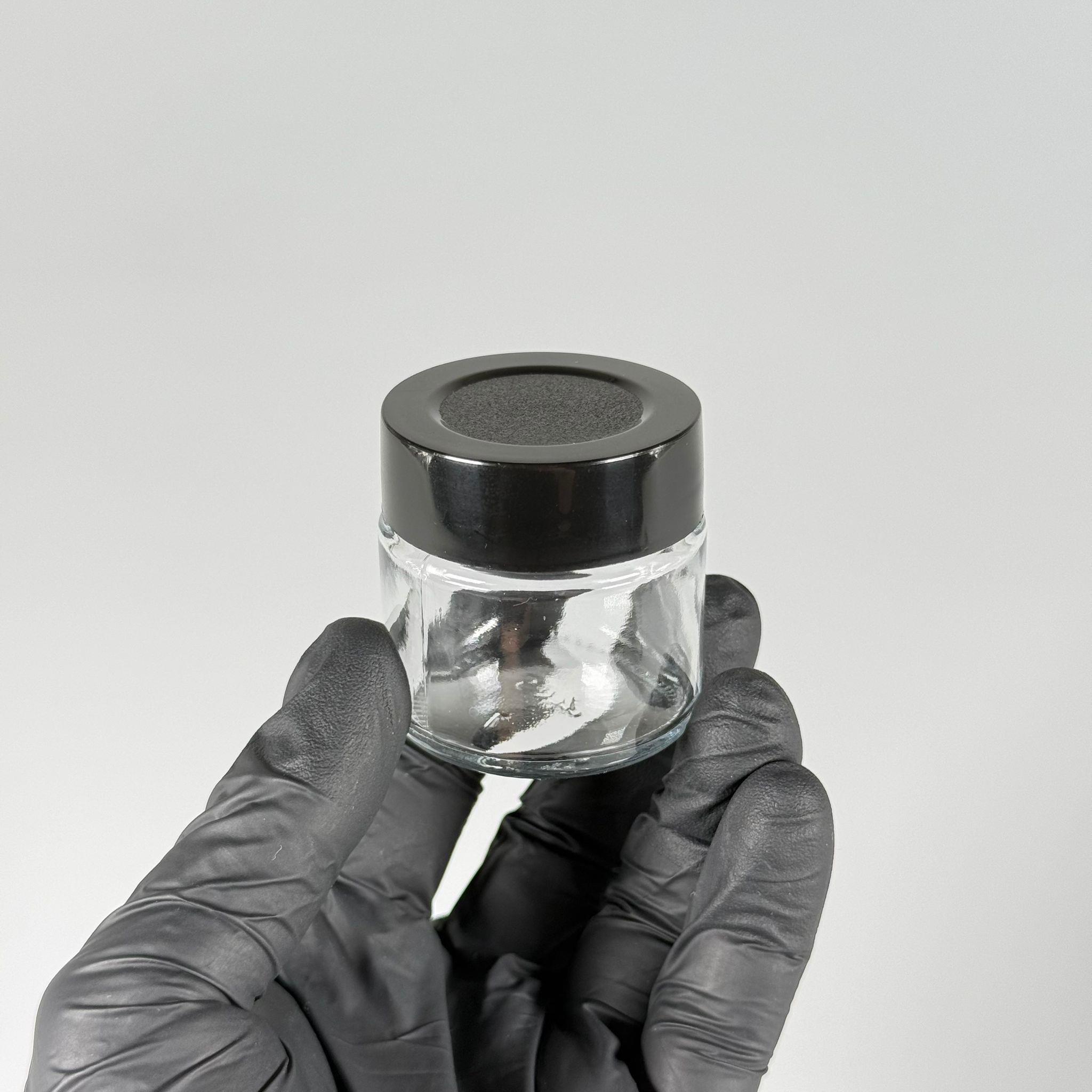 41 CC SİLİNDİR CAM KAVANOZ - SİYAH PLASTİK DERİN ÜSTÜ KUMLAMA KAPAKLI + KENDİNDEN YAPIŞKANLI KÖPÜK CONTALI - 41 ML MİNİ KREM  CAM KAVANOZLARI