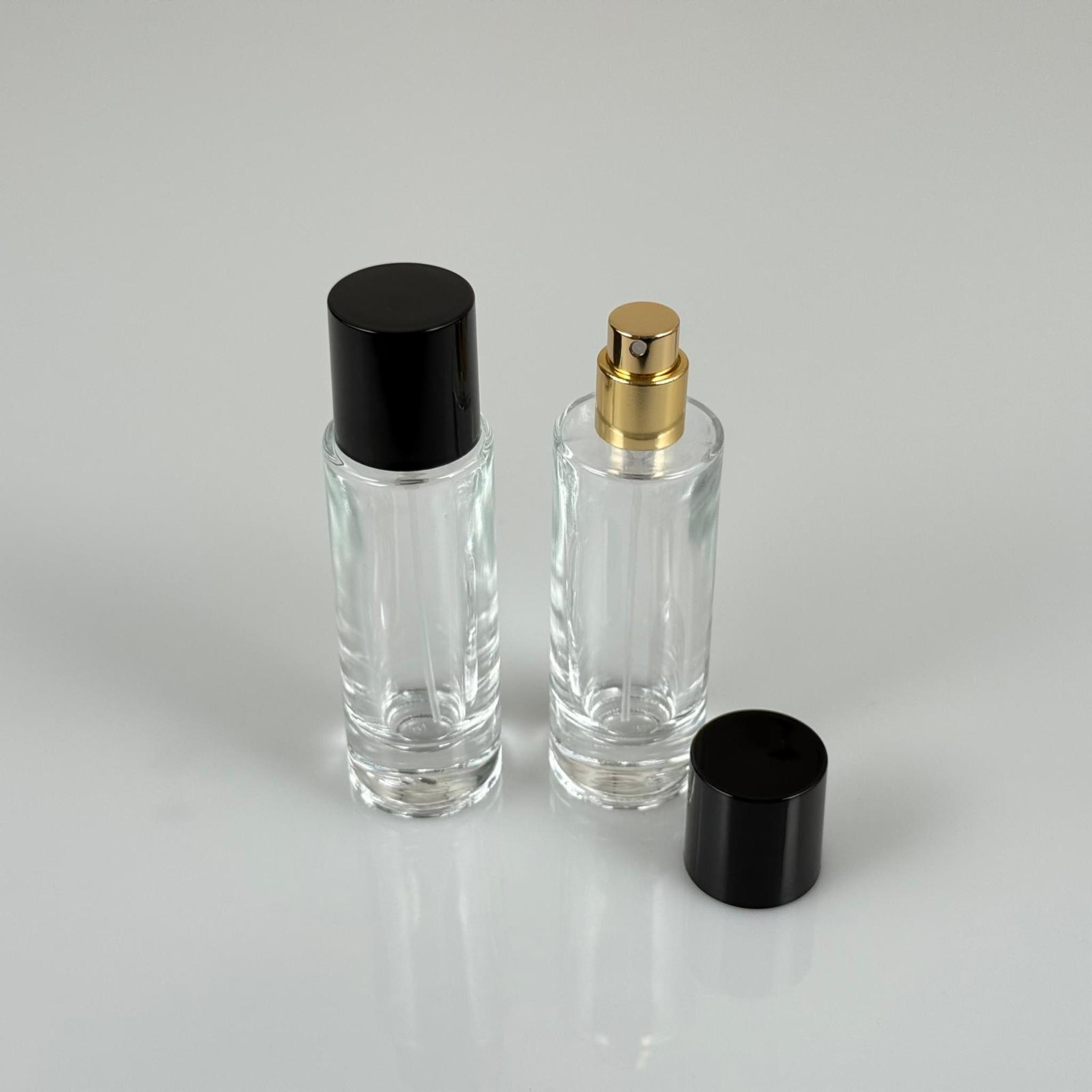 30 ML SİLİNDİR UZUN MODEL PARFÜM ŞİŞESİ - GOLD METAL SPREYLİ + SİYAH PLASTİK KAPAKLI (AĞIZ 15 MM GEÇME KOLAY KAPAMA)