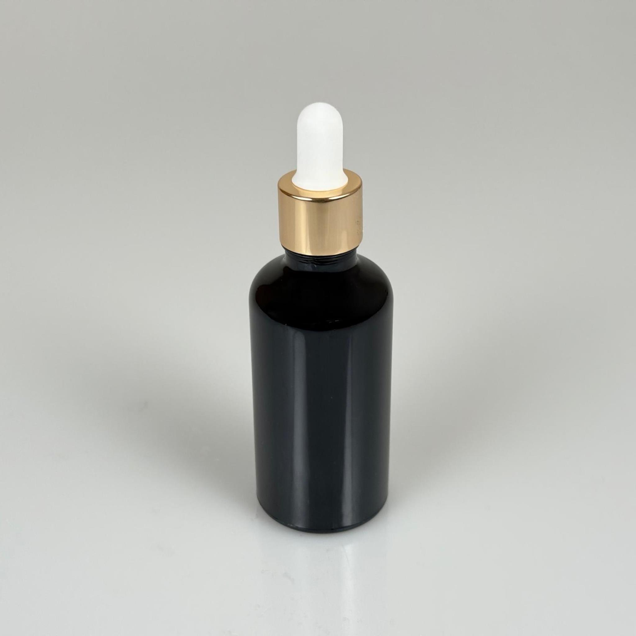 50 CC SİYAH CAM DAMLALIKLI ŞİŞE - BEYAZ EMZİK - GOLD METALİK KAPAK - 50 ML SİYAH CAM DAMLALIKLI ŞİŞE