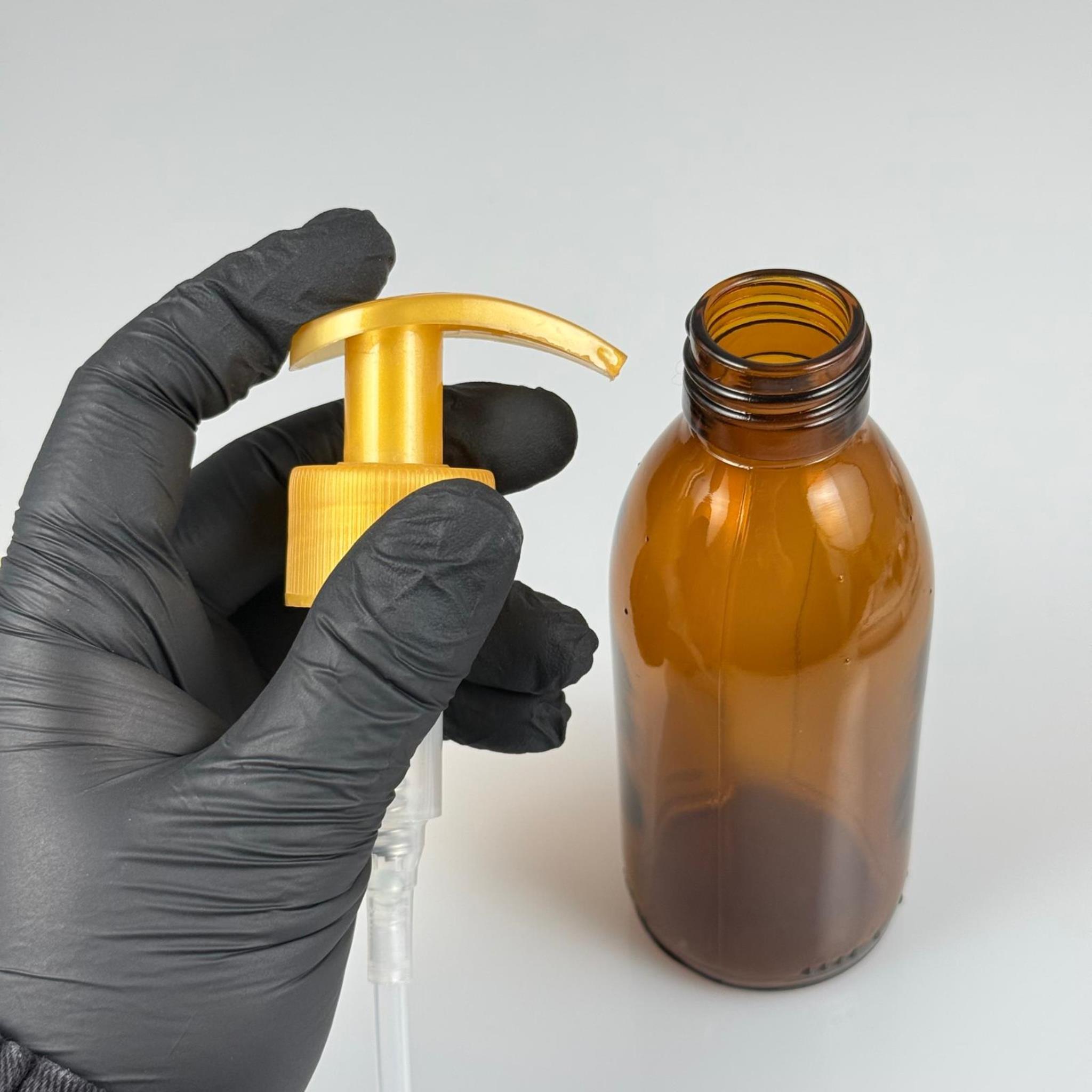 160 CC AMBER CAM ŞİŞE  - GOLD PLASTİK SIVI SABUN POMPALI TAKIM - 160 ML CAM SIVI LOSYON, YAĞ ŞİŞELERİ