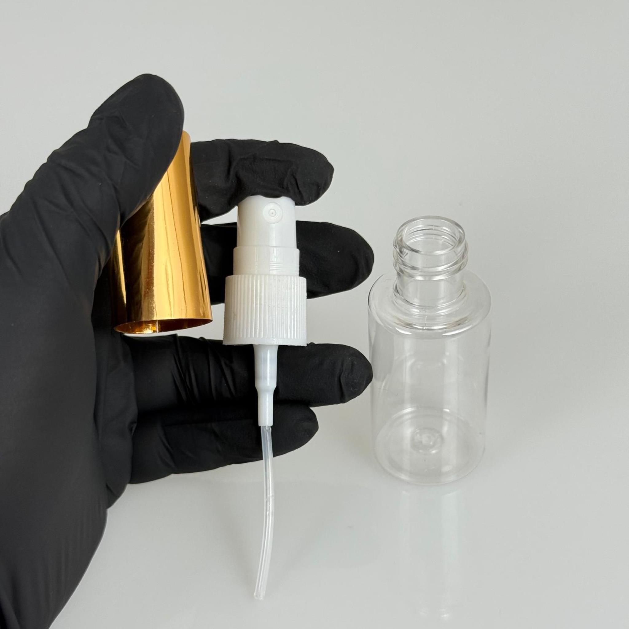 30 ML PET KOLONYA, PARFÜM VB ŞİŞELERİ - METAL ALÜMİNYUM GOLD KAPAK + VİDALI SPREY + 30 CC ŞİŞE SET TAKIM