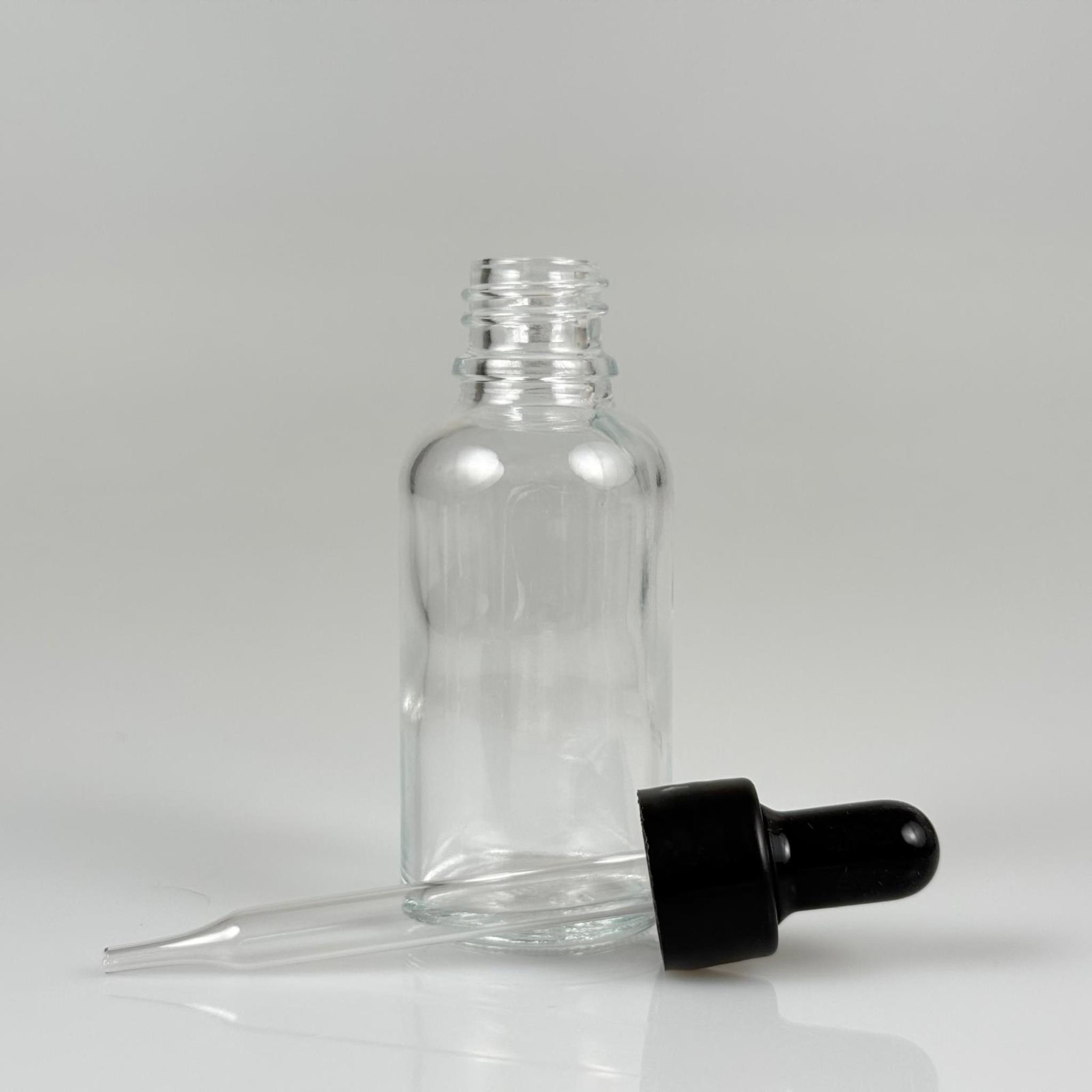 30 CC ŞEFFAF İNCE UÇLU CAM DAMLALIKLI ŞİŞE - SİYAH EMZİK + SİYAH DÜZ KAPAK + CAM PİPET TAKIM - 30 ML ŞEFFAF DAMLALIKLI ŞİŞE SETİ