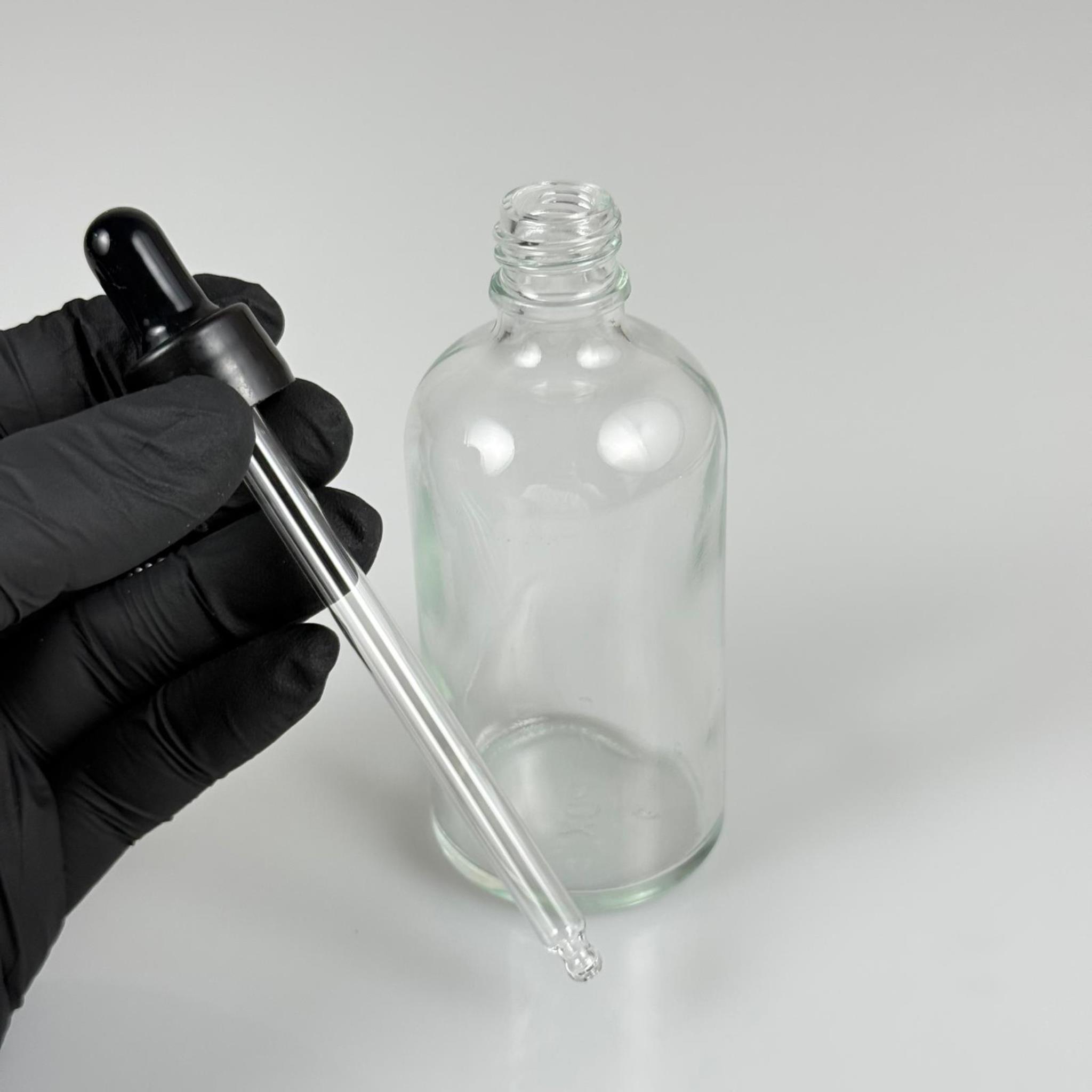 100 CC ŞEFFAF CAM DAMLALIKLI ŞİŞE - SİYAH EMZİK + SİYAH DÜZ KAPAK + CAM PİPET TAKIM - 100 ML DAMLALIKLI ŞİŞE SETİ