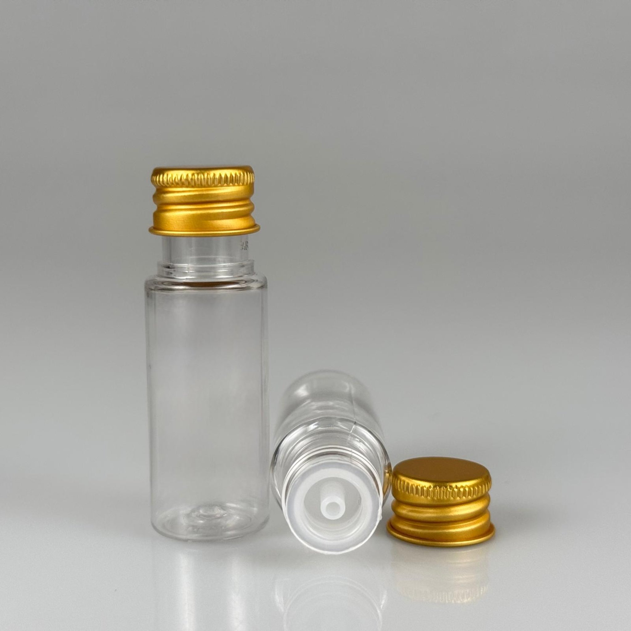 15 CC SİLİNDİR PET ŞİŞE + KÖPÜK CONTALI GOLD ALÜMİNYUM METAL KAPAKLI + DAMLALIKLI KOLONYA TIPALI TAKIML - 15 ML ŞEFFAF PET ŞİŞE