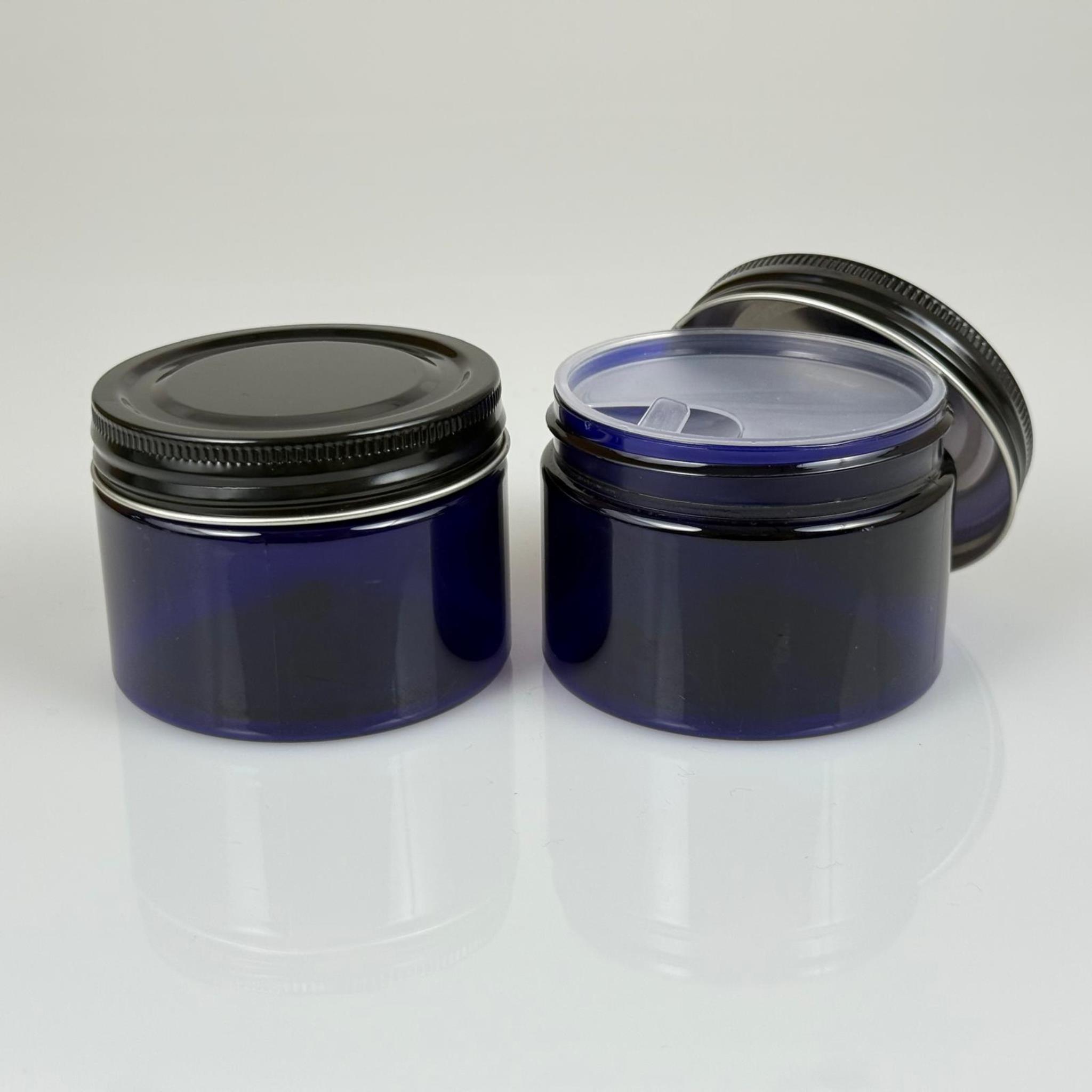 150 ML SERT PET KAVANOZ + SİYAH METAL KAPAK + İÇ TIPA - 150 CC KALIN MAVİ PLASTİK KAVANOZ SİYAH METAL KAPAKLI İÇ TIPALI TAKIM - KREM KAVANOZLARI