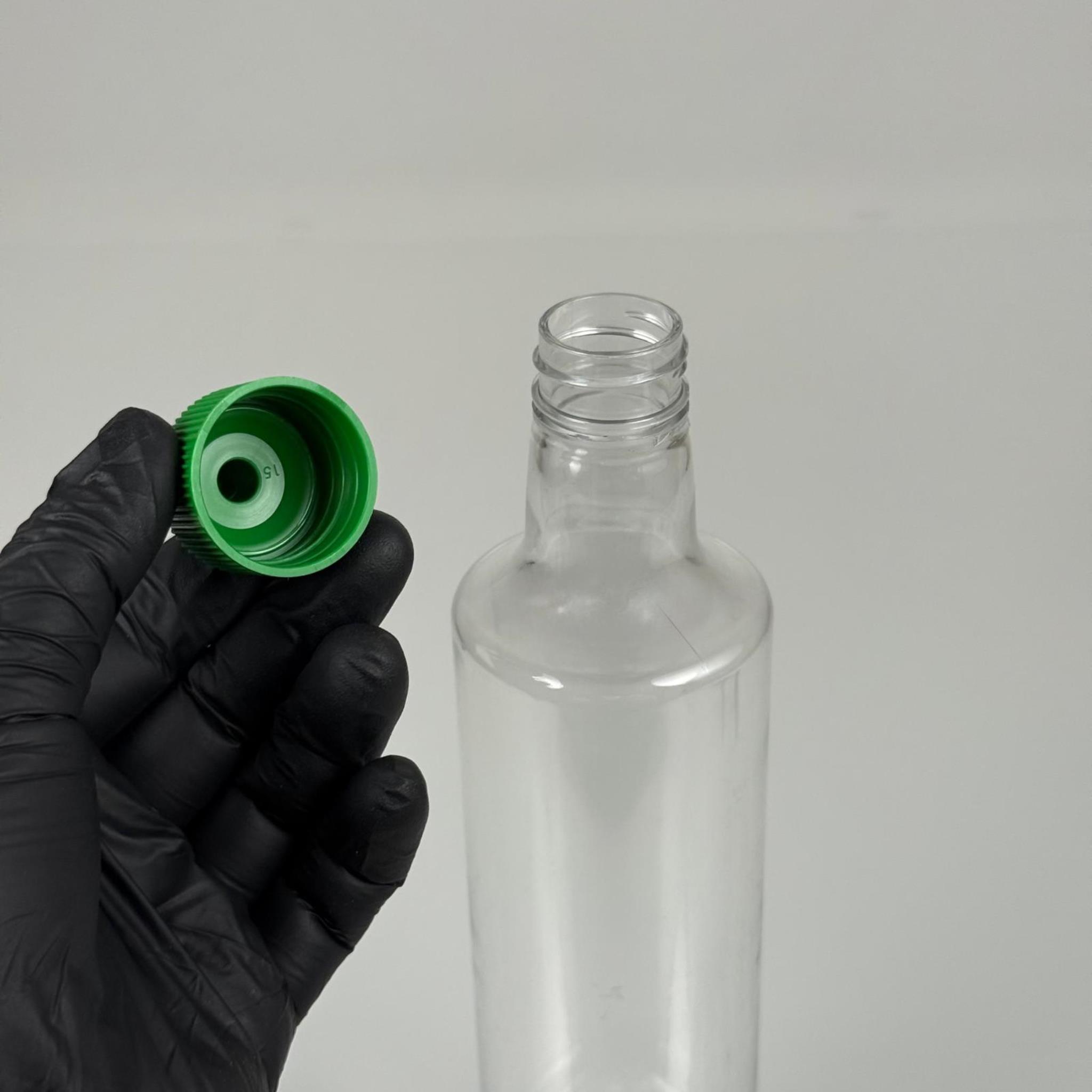 ZEYTİNYAĞI, SOS, ACI SOS, SİRKE, SRIRACHA VB BOŞ ŞİŞELERİ - YEŞİL SİVRİ TWİST AKITICI KAPAK + 500 ML ŞEFFAF DORİKA PET PLASTİK ŞİŞE TAKIM