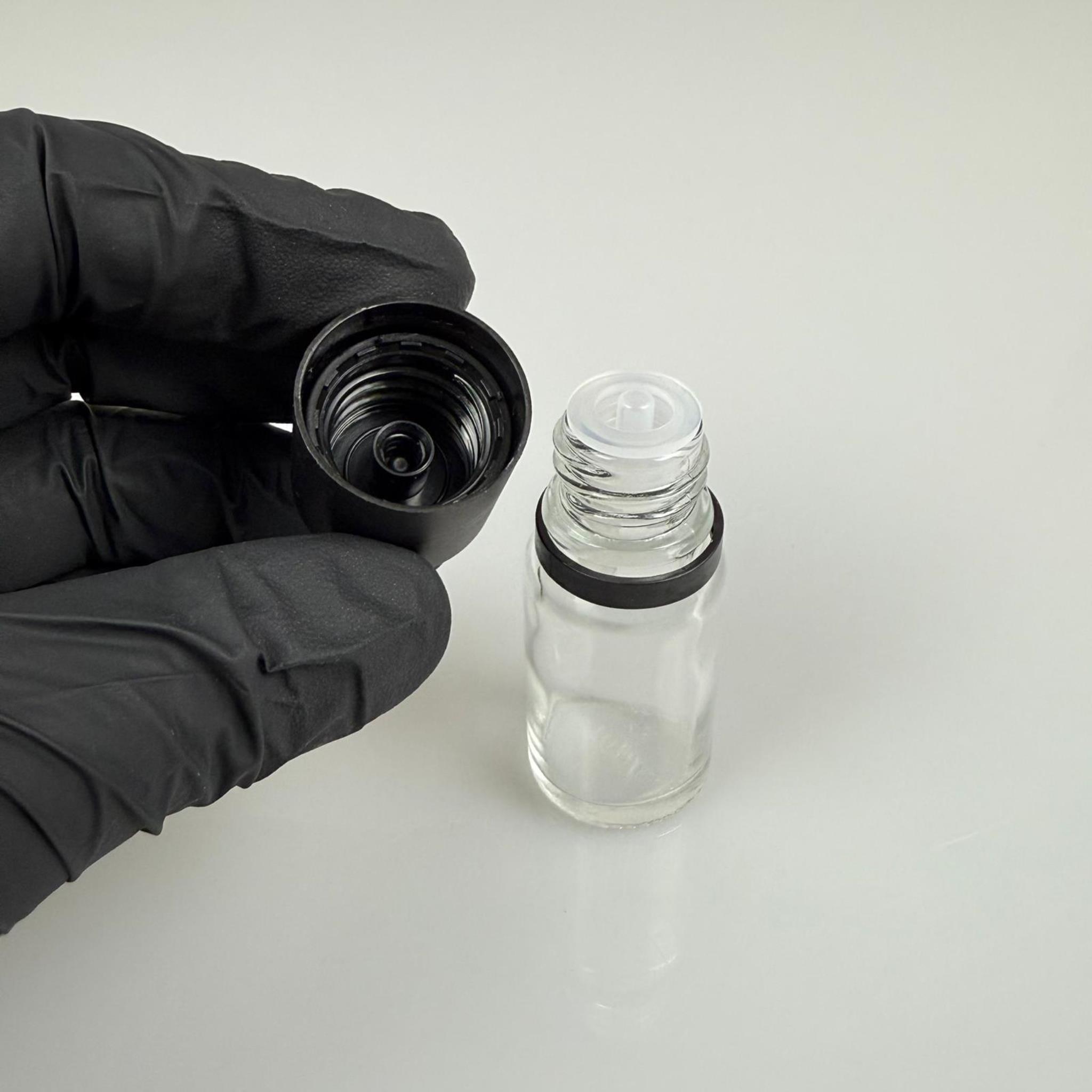 10 CC ŞEFFAF CAM ŞİŞE + İÇTEN DAMLALIKLI ÇOCUK KİLİTLİ SİYAH KAPAK - SAYDAM 10 ML KİLİT KAPAKLI DAMLATMALI ŞİŞE
