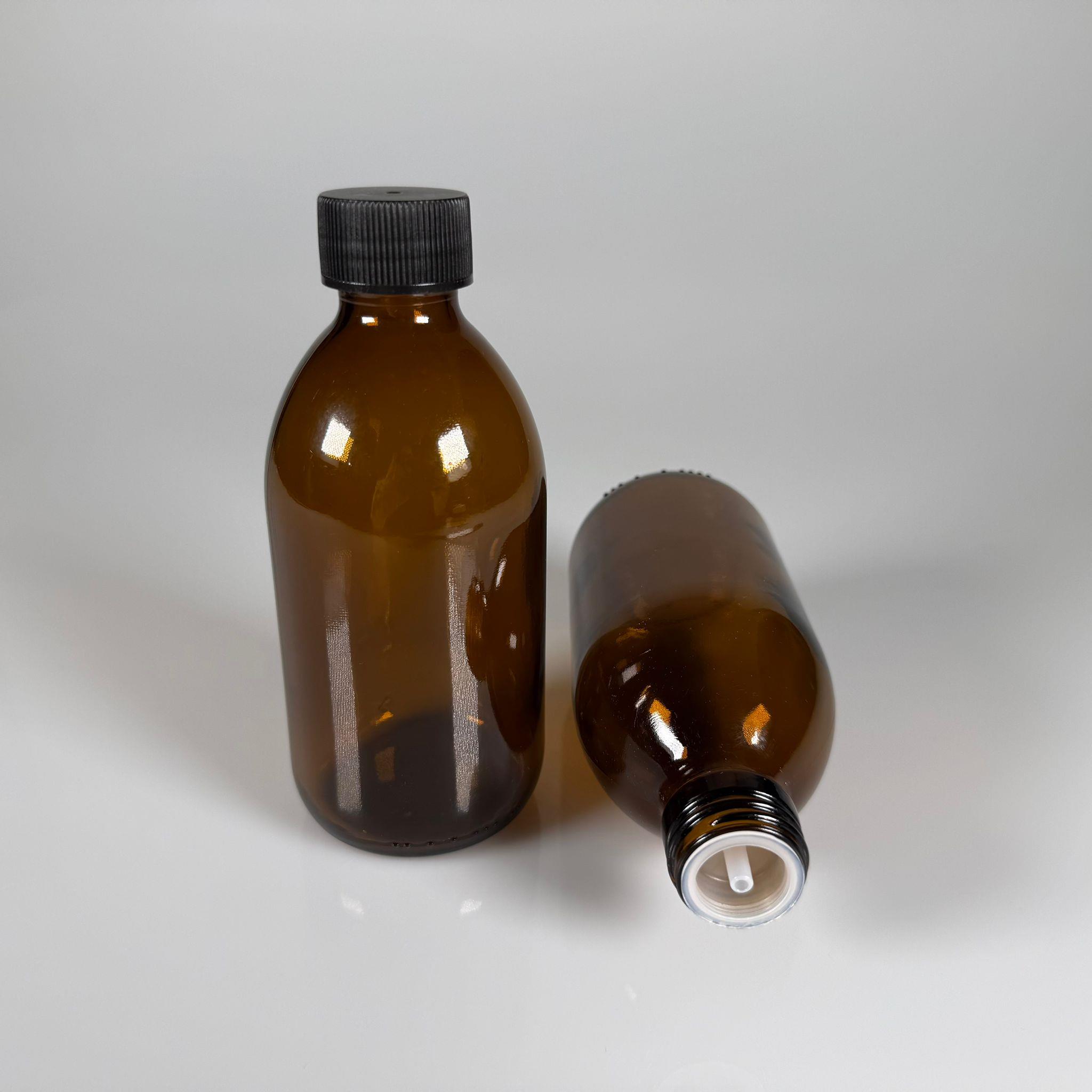 250 ML DOLUMU KOLAY, GENİŞ AĞIZLI İÇTEN DAMLALIKLI ŞİŞE (28 MM AĞIZ)  - 250 CC SİYAH CONTALI KAPAKLI İÇTEN DAMLALIKLI CAM ECZA ŞİŞESİ - AMBER KAHVERENGİ