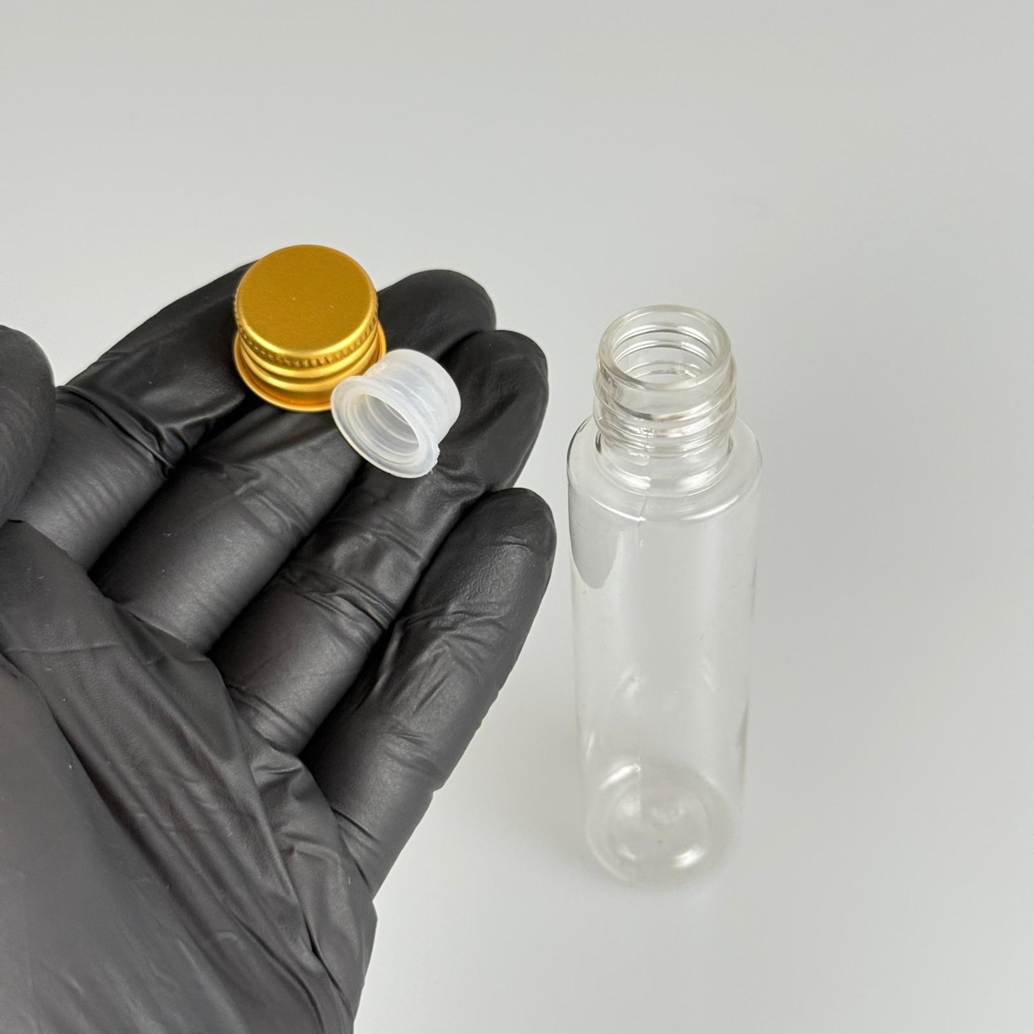 35 CC PET ŞİŞE - KÖPÜK CONTALI GOLD ALÜMİNYUM METAL KAPAKLI + KÖR TIPALI TAKIM - 35 ML ŞEFFAF PET ŞİŞE