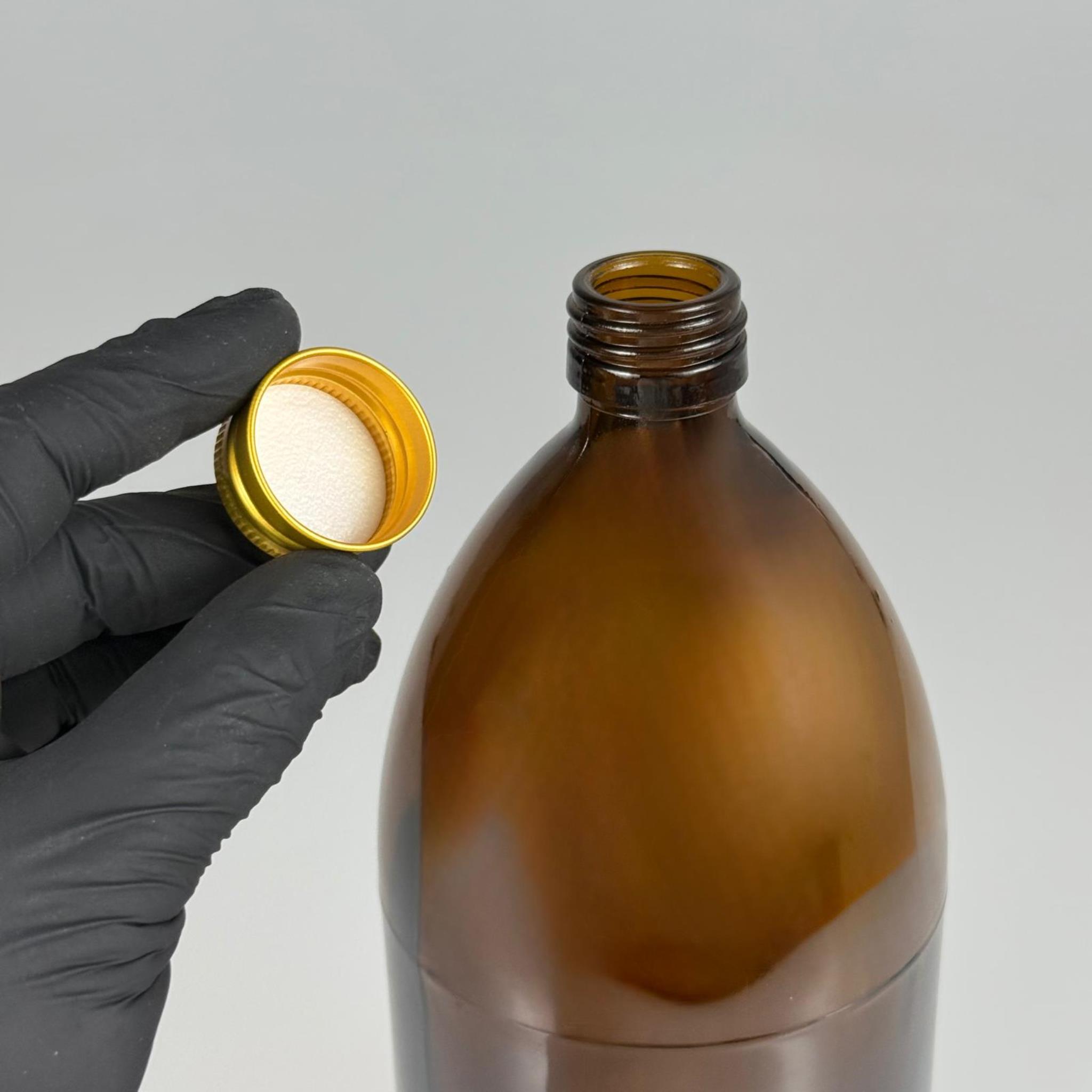1000 CC AMBER TOMBUL ÖZEL SERİ CAM ŞİŞE - METAL ALÜMİNYUM GOLD KÖPÜK CONTALI KAPAKLI - 1000 ML CAM ECZA ŞİŞESİ - KAHVERENGİ