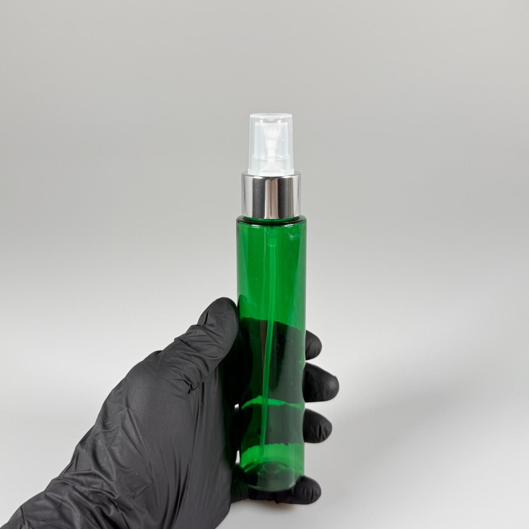 100 CC UZUN SİLİNDİR YEŞİL PET ŞİŞE (24 GR)  - GÜMÜŞ SPREYLİ - 100 ML BİBERİYE SUYU, LAVANTA YAĞI, SAÇ SERUM, TONİK VB İÇİN PLASTİK KOZMETİK AMBALAJLARI