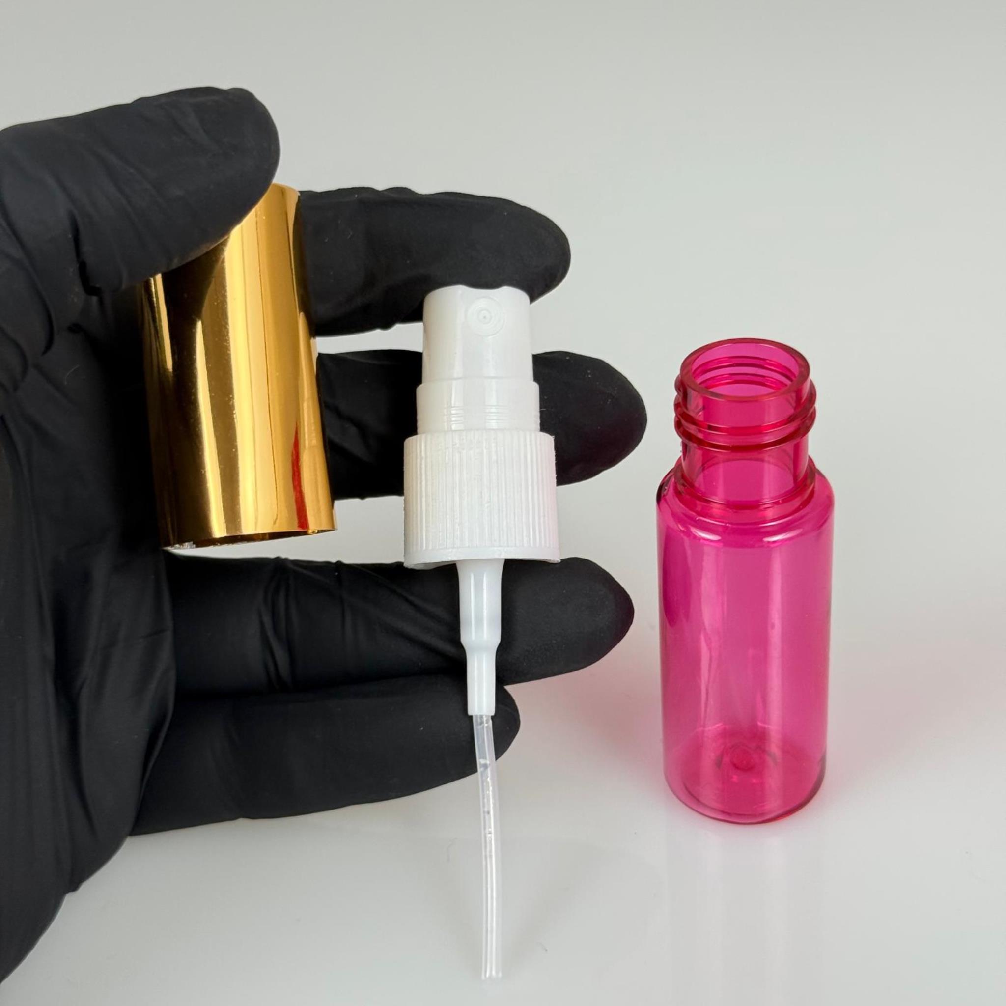 15 ML PET KOLONYA, PARFÜM VB ŞİŞELERİ - METAL ALÜMİNYUM GOLD KAPAK + VİDALI SPREY + 15 CC PEMBE ŞİŞE SET TAKIM