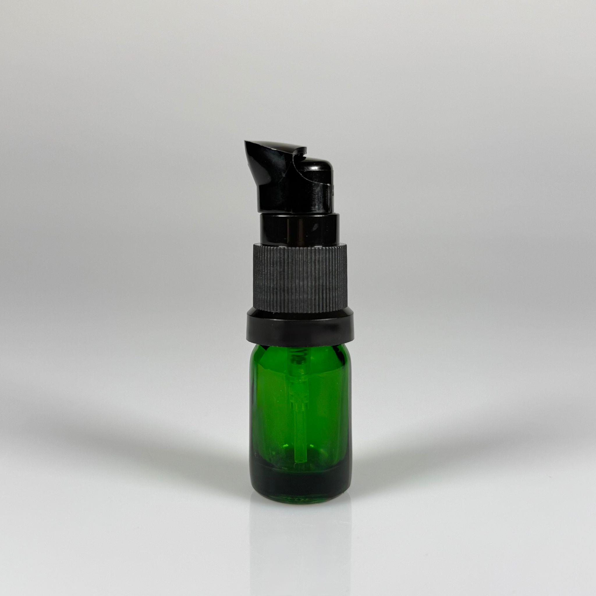 5 CC YEŞİL CAM ŞİŞE - SIZDIRMAZ ETEKLİ SİYAH LOSYON POMPALI TAKIM - 5 ML LOSYON ŞİŞESİ - YAĞ, KREM GİBİ YOĞUN KIVAMLI SIVILAR İÇİN CAM AMBALAJ