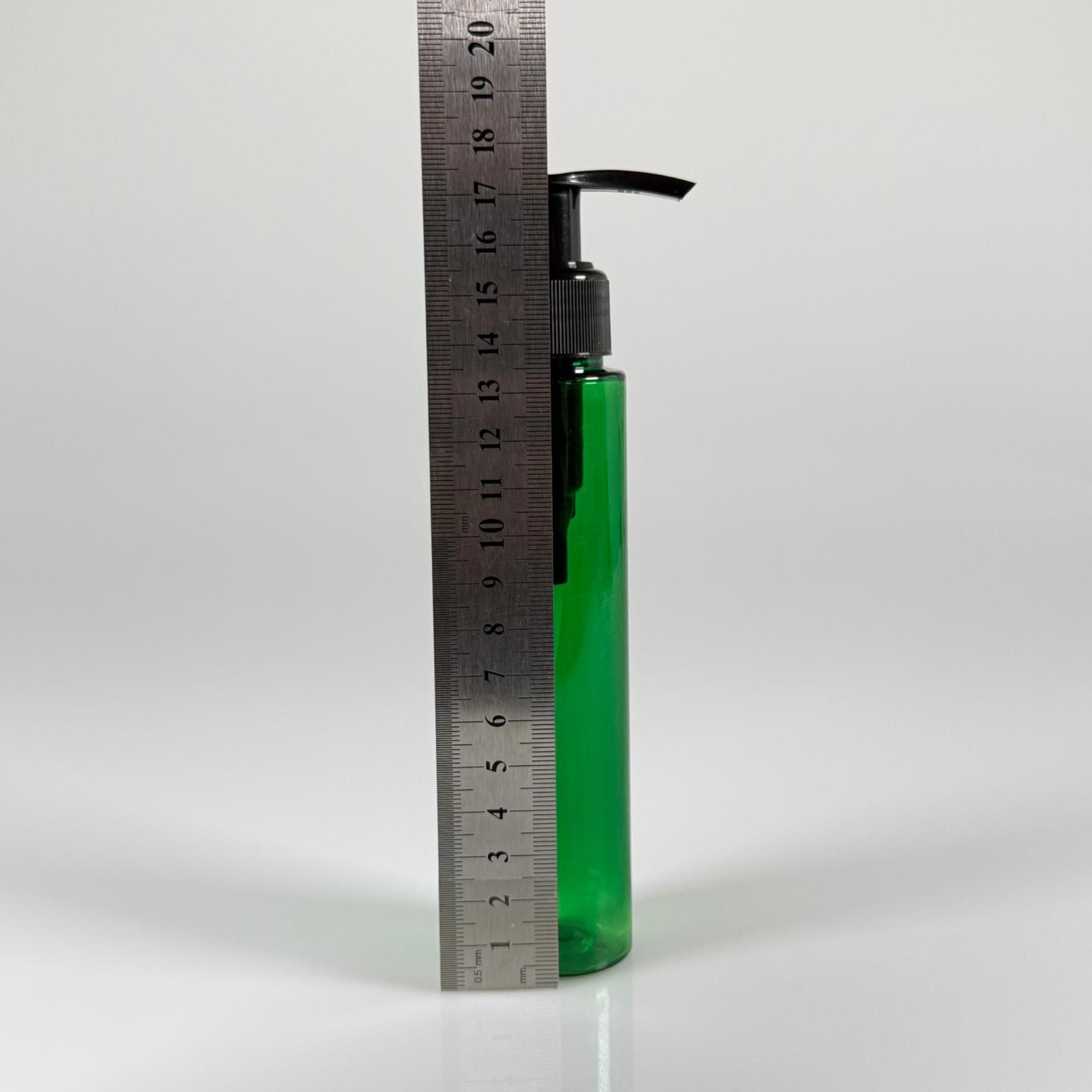 100 CC UZUN SİLİNDİR YEŞİL PET ŞİŞE (24 GR)  - SİYAH SABUN POMPALI - 100 ML BİBERİYE SUYU, LAVANTA YAĞI, SAÇ SERUM, TONİK VB İÇİN PLASTİK KOZMETİK AMBALAJLARI