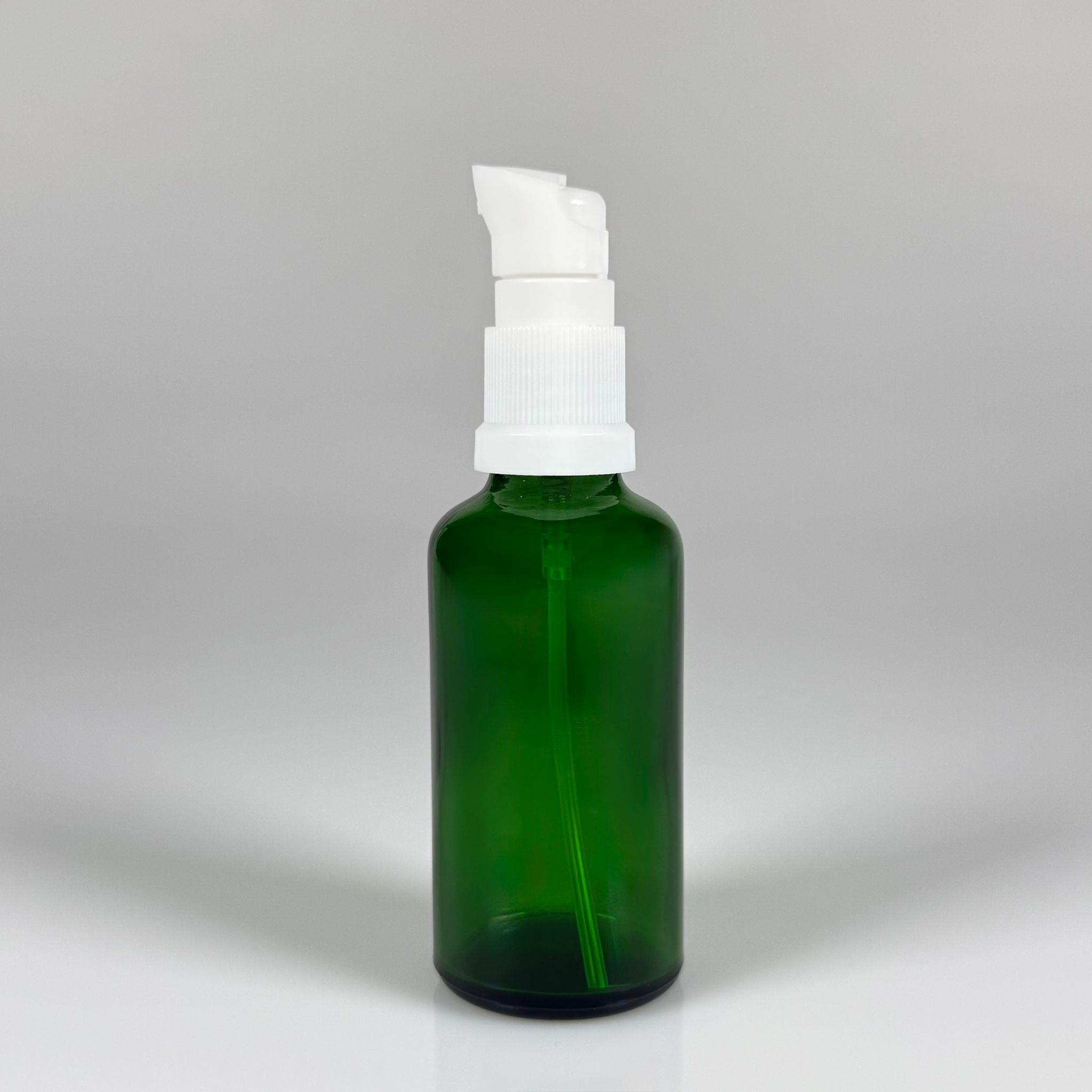 50 CC YEŞİL CAM ŞİŞE - SIZDIRMAZ ETEKLİ BEYAZ LOSYON POMPALI TAKIM - 50 ML LOSYON ŞİŞESİ - YAĞ, KREM GİBİ YOĞUN KIVAMLI SIVILAR İÇİN CAM AMBALAJ