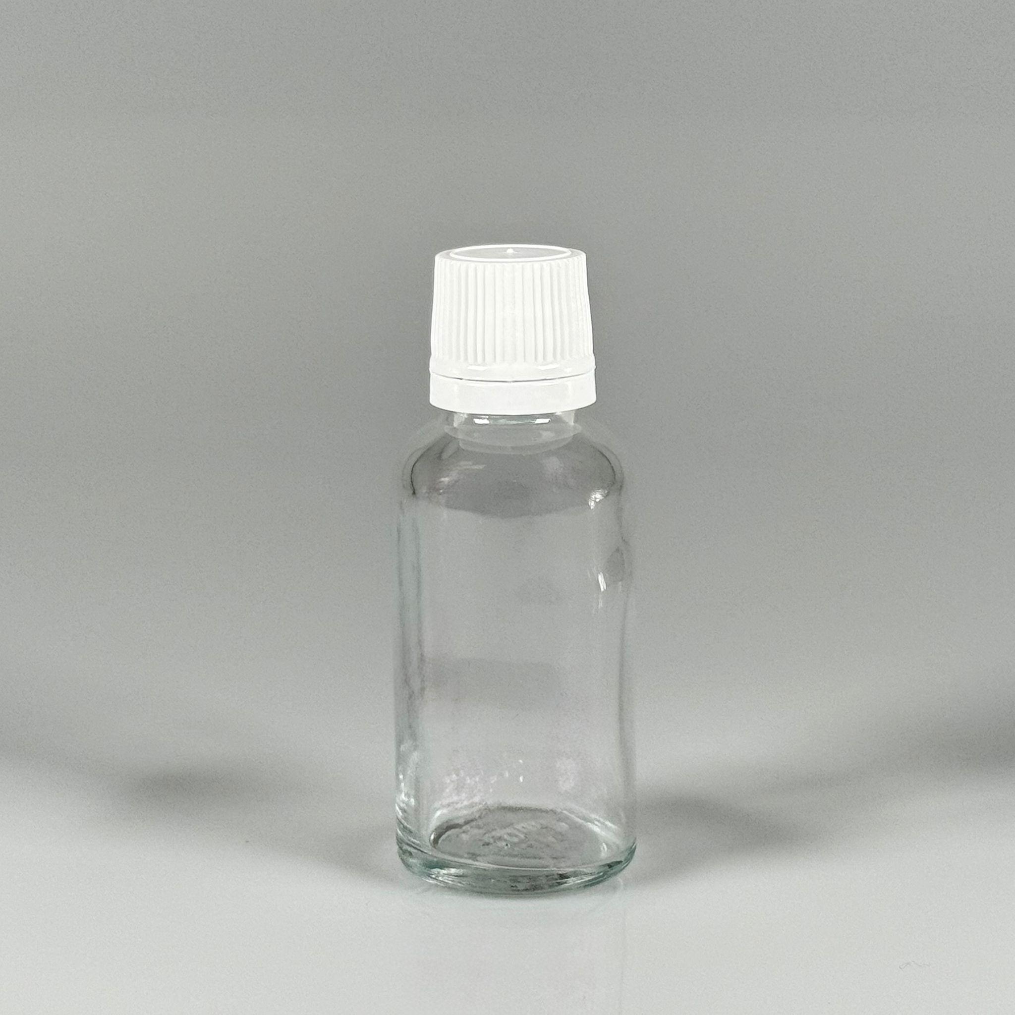 30 CC CAM ŞEFFAF KİLİTLİ, KENDİNDEN CONTALI BEYAZ KAPAKLI - 30 ML DAR AĞIZLI İLAÇ ŞİŞESİ