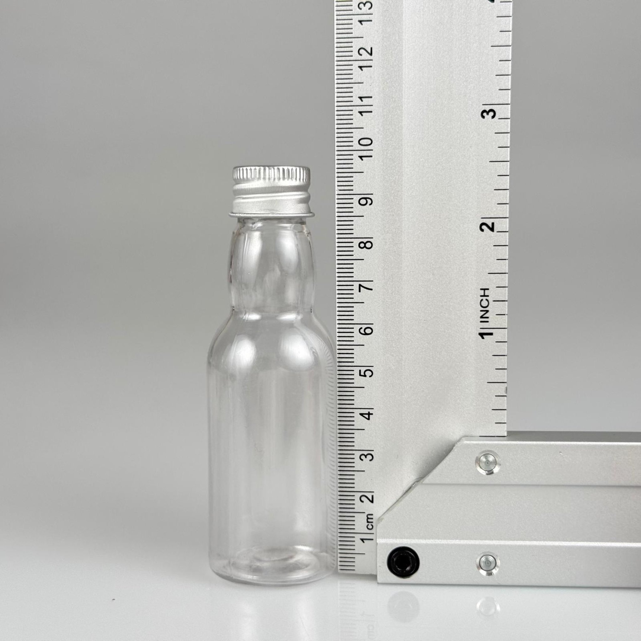 40 CC ŞEFFAF UZUN BOĞAZLI PET ŞİŞE + KÖPÜK CONTALI GÜMÜŞ ALÜMİNYUM METAL KAPAKLI TAKIM - 40 ML BOĞAZLI PET ŞİŞE