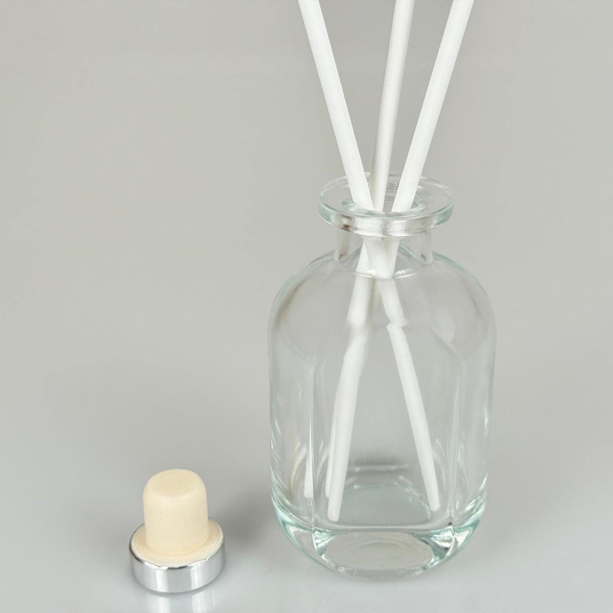 150 CC CAM BAMBU ODA KOKUSU ŞİŞESİ - 150 ML DİFFUSER CAM ŞİŞE + GÜMÜŞ MANTAR TIPA + 3 ADET 21 CM BEYAZ BAMBU ÇUBUK