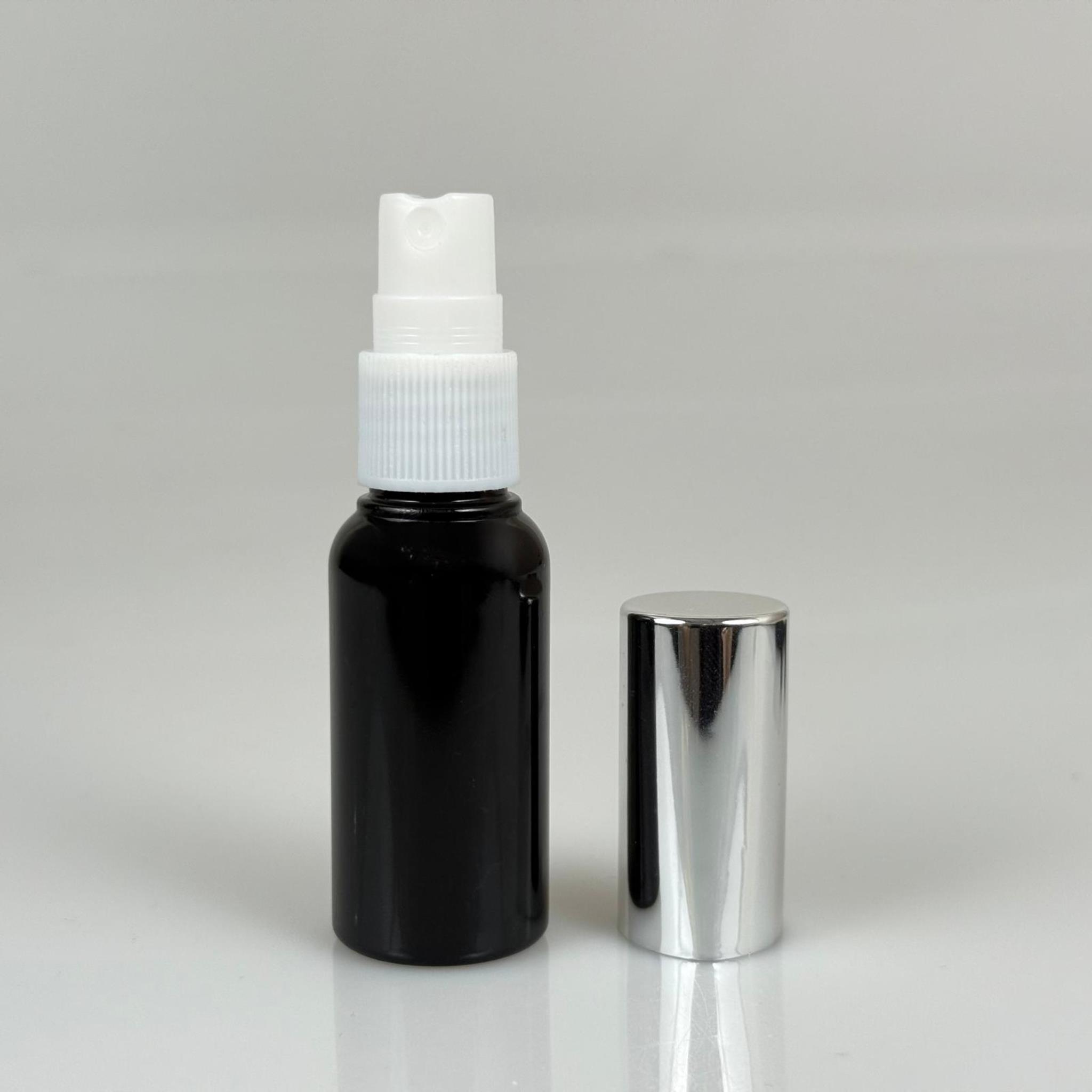 30 ML PET KOLONYA, PARFÜM VB ŞİŞELERİ - METAL ALÜMİNYUM GÜMÜŞ KAPAK + VİDALI SPREY + 30 CC SİYAH ŞİŞE SET TAKIM