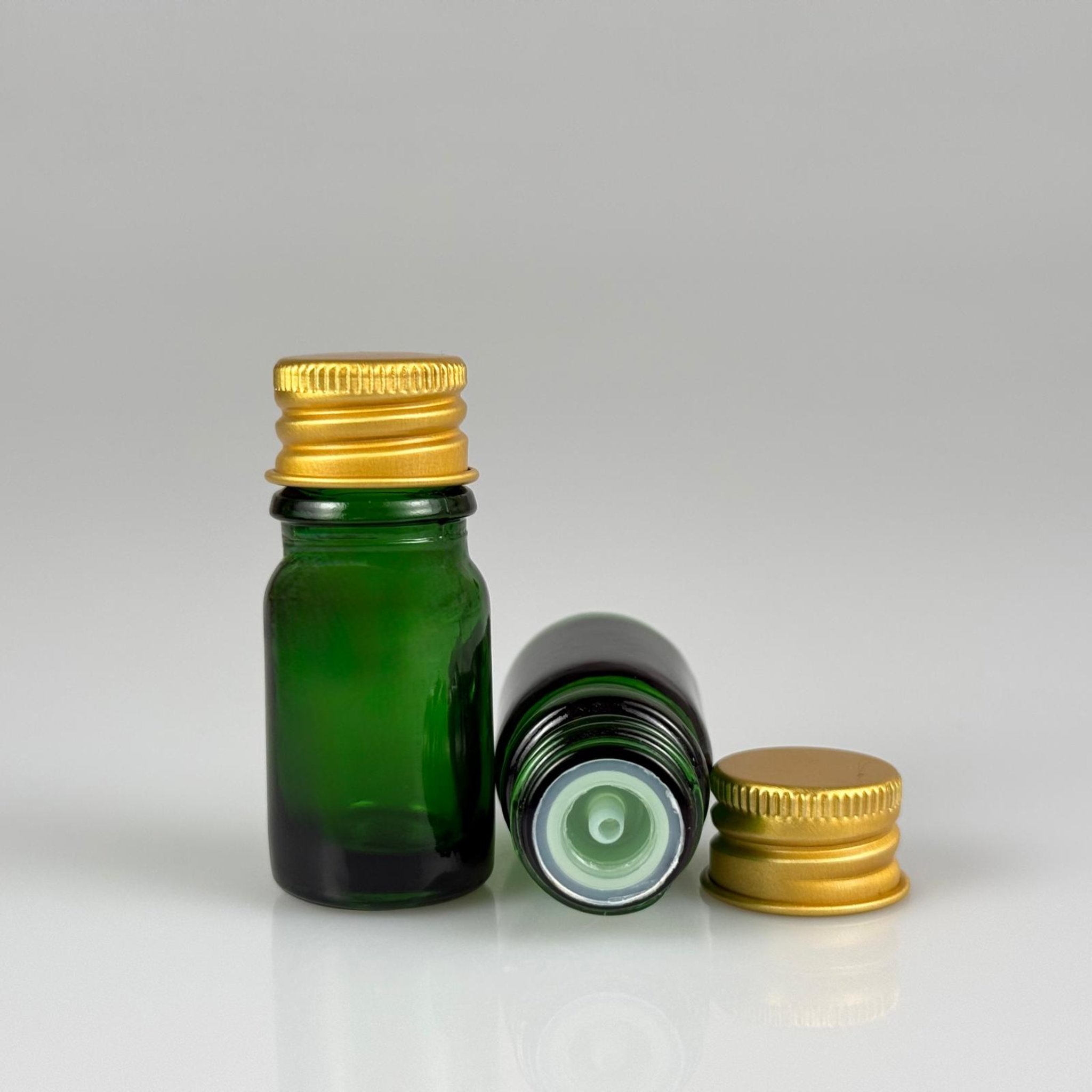 5 CC YEŞİL CAM ŞİŞE + KÖPÜK CONTALI GOLD ALÜMİNYUM METAL KAPAKLI + KOLONYA TIPALI TAKIM - 5 ML YEŞİL CAM ŞİŞE