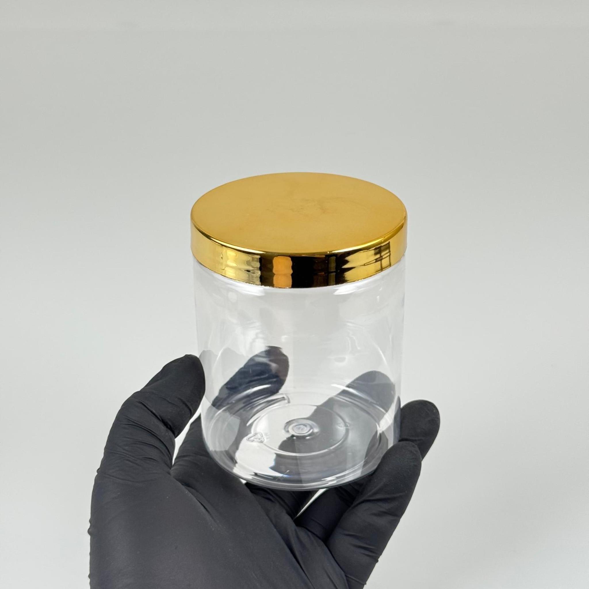 300 ML SERT PET KAVANOZ + GOLD KAPLAMA PLASTİK KAPAK + İÇ TIPA - 300 CC KALIN ŞEFFAF PLASTİK KAVANOZ GOLD KAPLAMALI PLASTİK KAPAKLI İÇ TIPALI TAKIM - KREM KAVANOZLARI