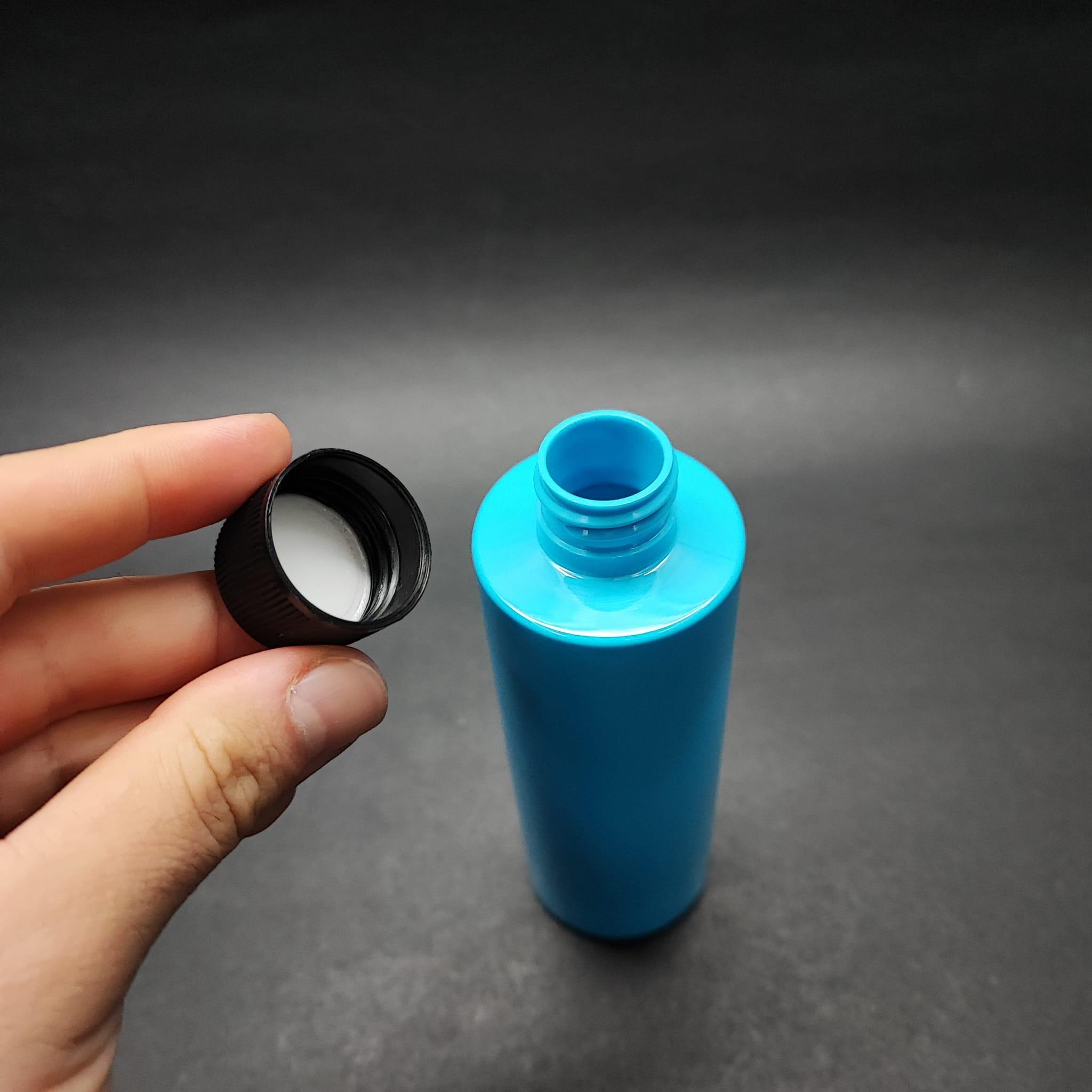 200 CC KÜT BOYUNLU UZUN SİLİNDİR PET ŞİŞE (24 GR) - CONTALI SİYAH KAPAKLI - 200 ML PLASTİK ŞİŞE - MAVİ