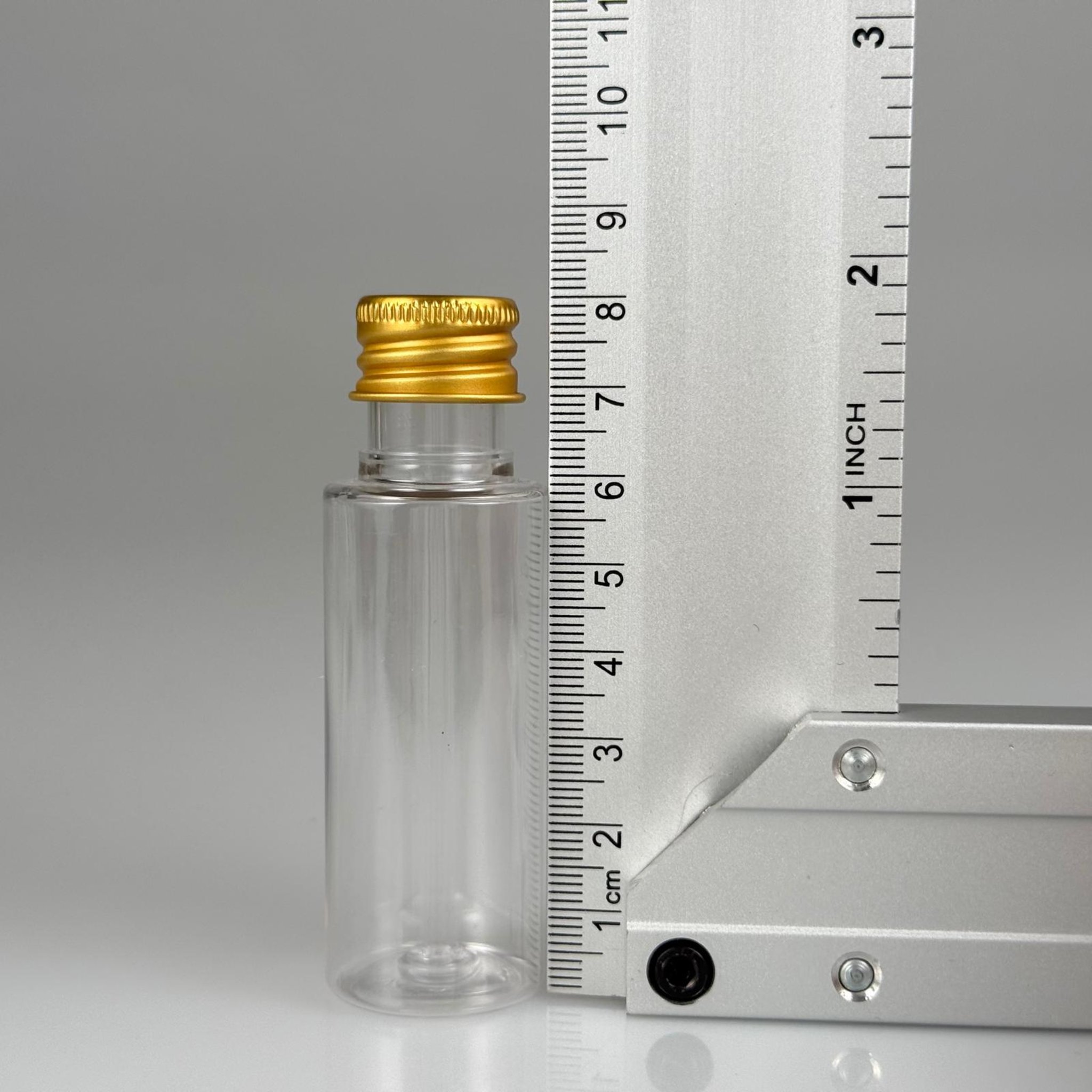 30 CC ŞEFFAF SİLİNDİR UZUN MODEL PET ŞİŞE + KÖPÜK CONTALI GOLD ALÜMİNYUM METAL KAPAKLI + KÖR TIPALI TAKIM - 30 ML PLASTİK ŞİŞE