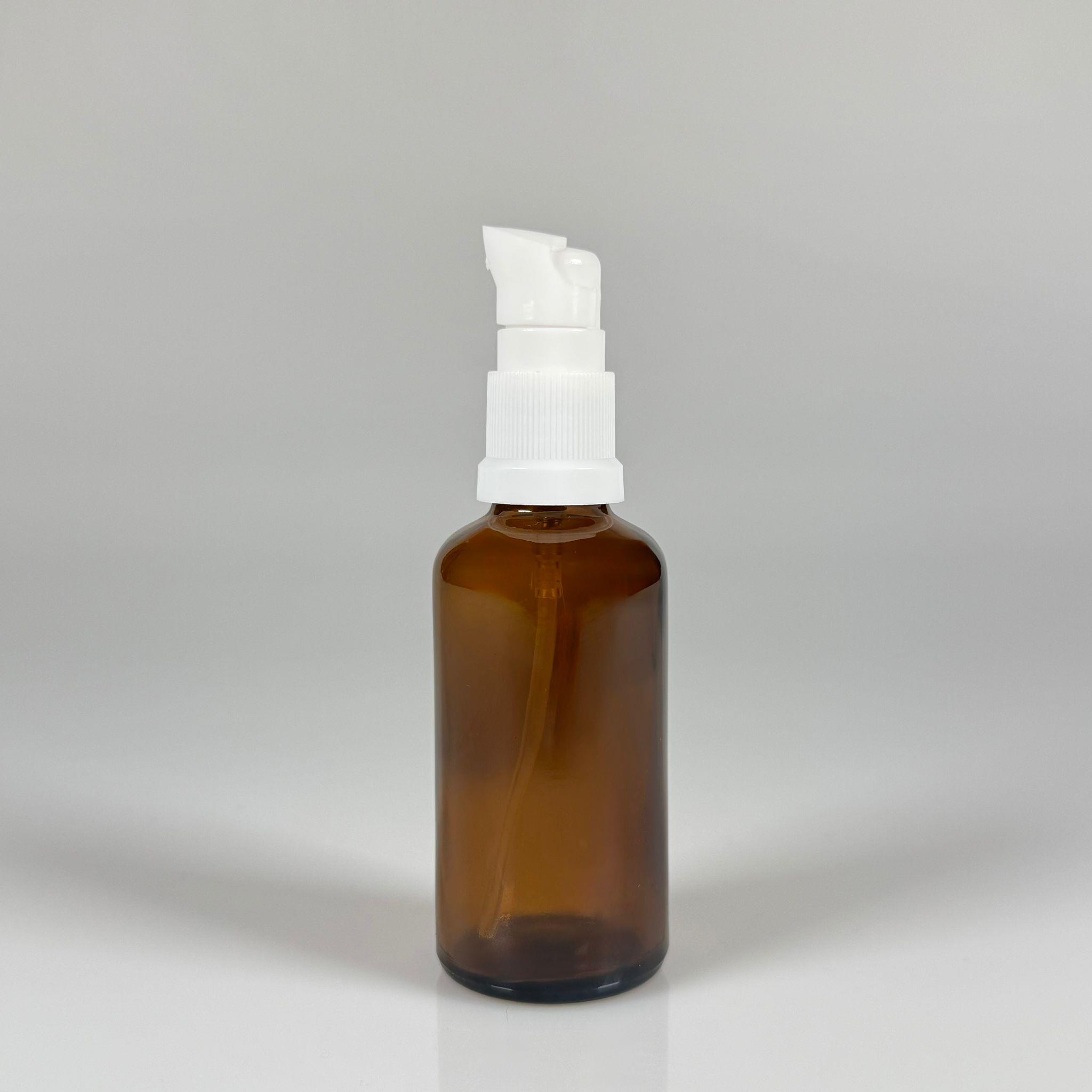 50 CC AMBER CAM ŞİŞE - SIZDIRMAZ ETEKLİ BEYAZ LOSYON POMPALI TAKIM - 50 ML LOSYON ŞİŞESİ - YAĞ, KREM GİBİ YOĞUN KIVAMLI SIVILAR İÇİN CAM AMBALAJ