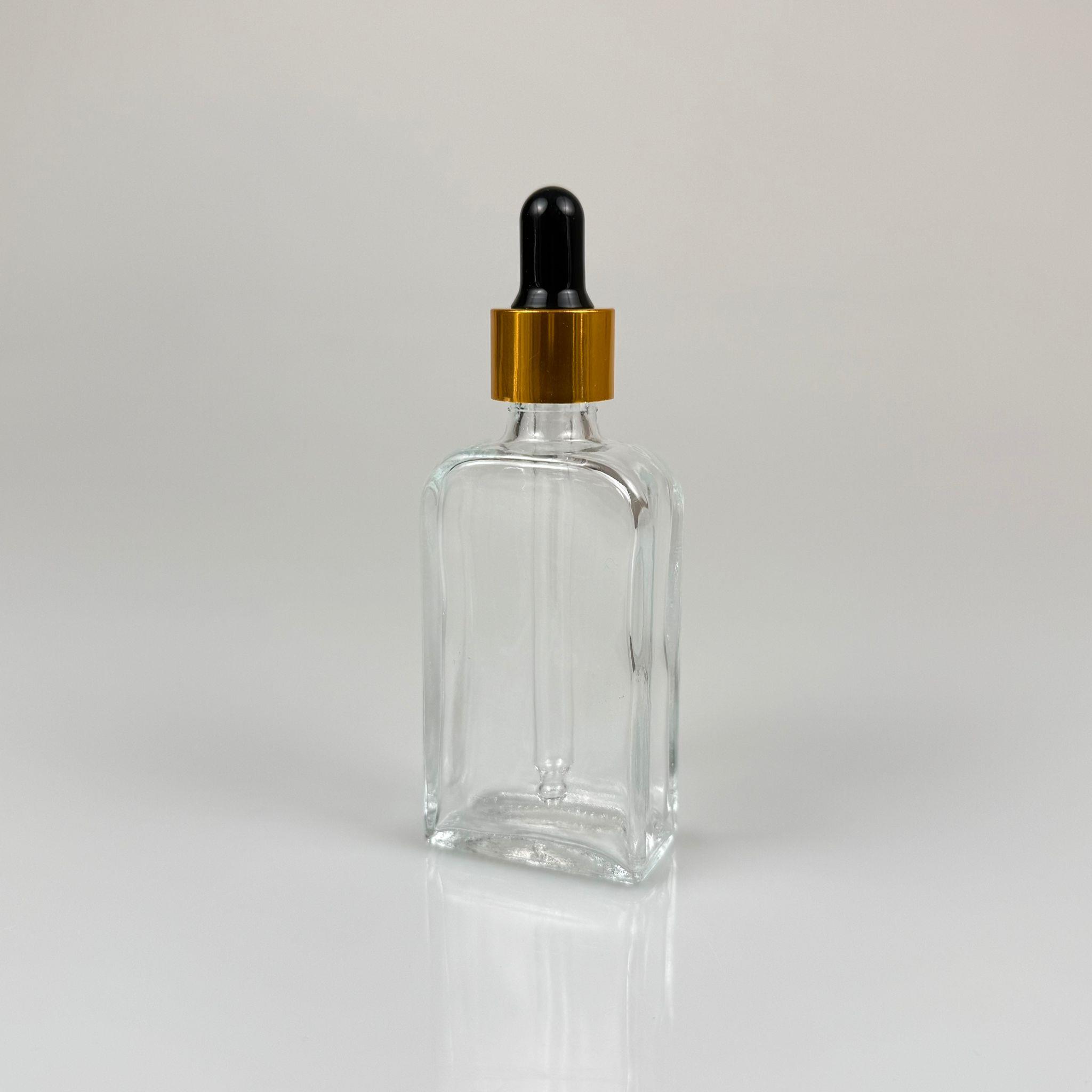 50 CC YASSI DİKDÖRTGEN PRESTİJLİ CAM DAMLALIKLI ŞİŞE - SİYAH EMZİK - GOLD METALİK KAPAK - 50 ML CAM DAMLALIKLI ŞİŞE - DAMLALIKLI BOŞ ŞİŞE