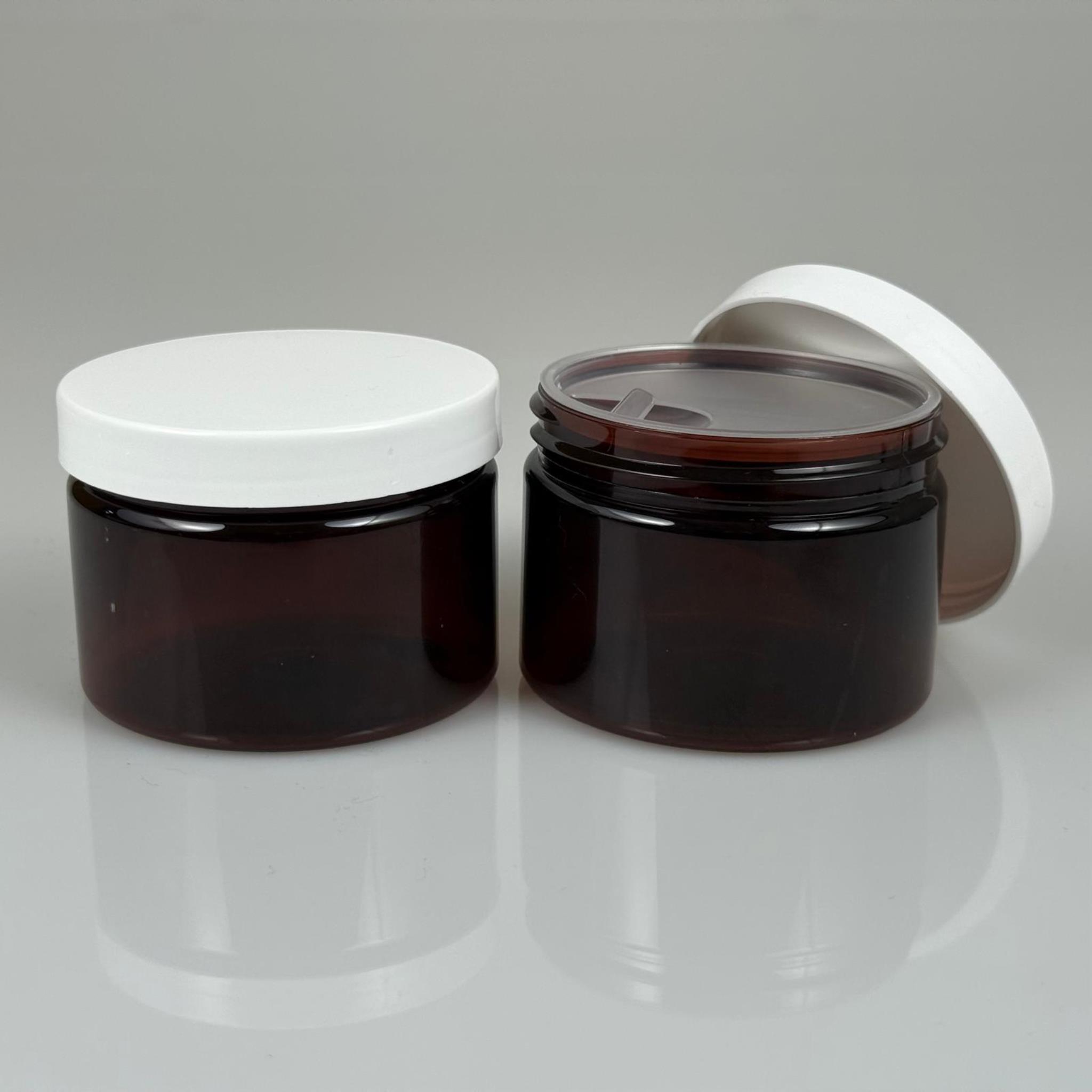 150 ML SERT PET KAVANOZ + BEYAZ PLASTİK KAPAK + İÇ TIPA - 150 CC KALIN AMBER PLASTİK KAVANOZ BEYAZ PLASTİK KAPAKLI İÇ TIPALI TAKIM - KREM KAVANOZLARI