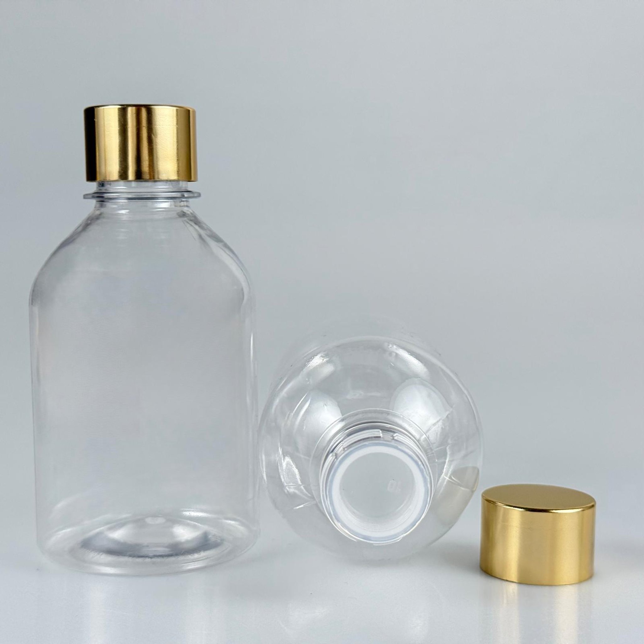 250 CC TOMBUL MODEL ŞEFFAF PET ŞİŞE + ALÜMİNYUM KAPLAMALI GOLD KAPAKLI + KÖR TIPALI TAKIM - 250 ML PET ŞİŞE